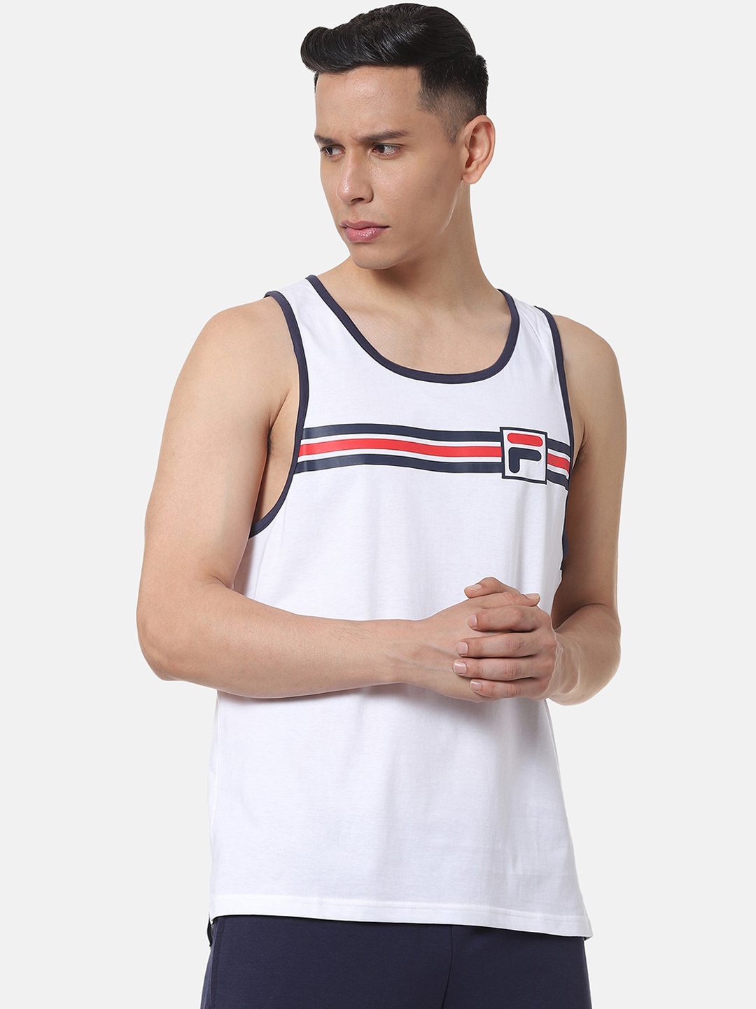 

FILA Men White Striped Round Neck T-shirt