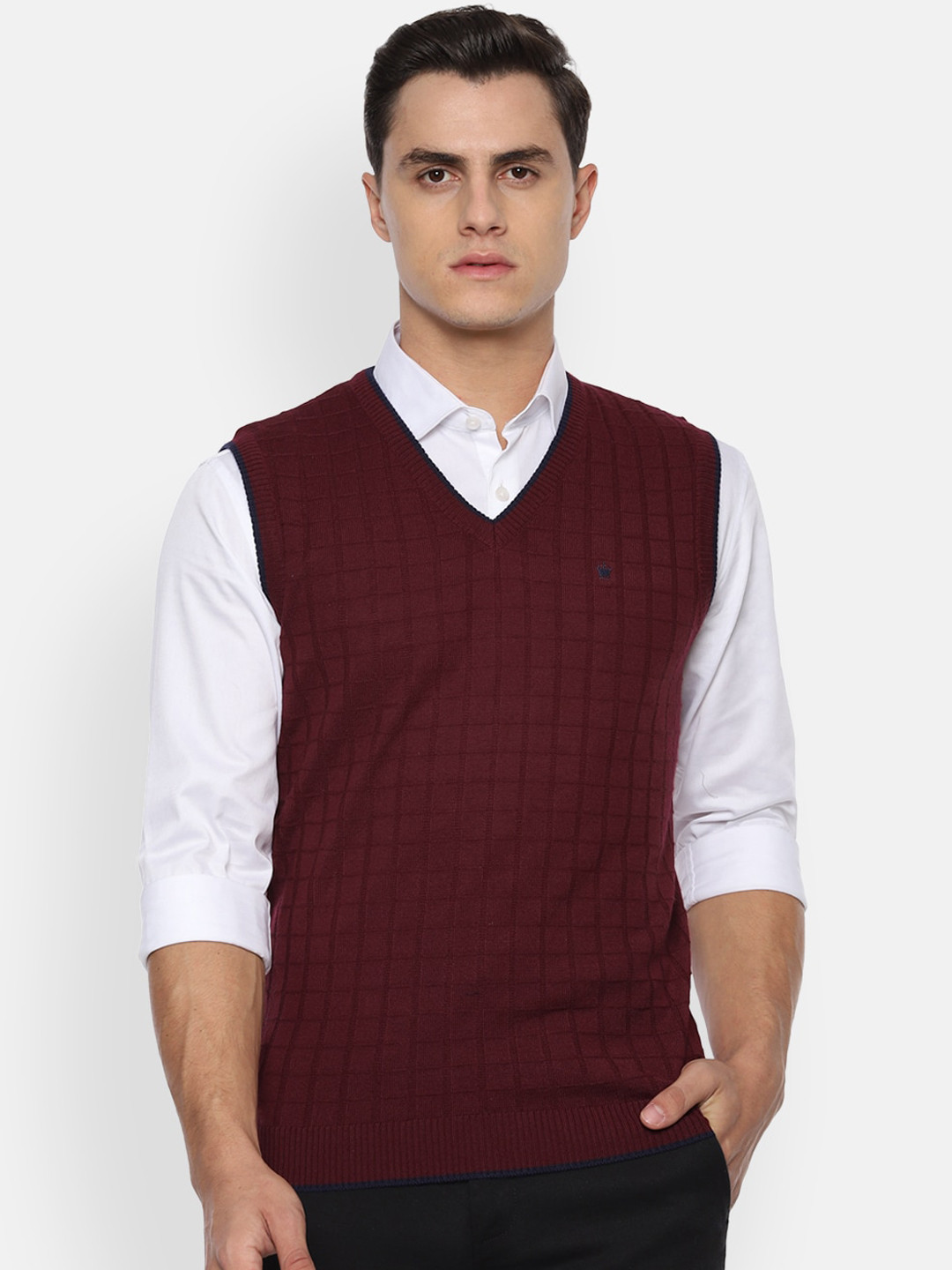 

Louis Philippe Men Maroon Self Design Sweater Vest