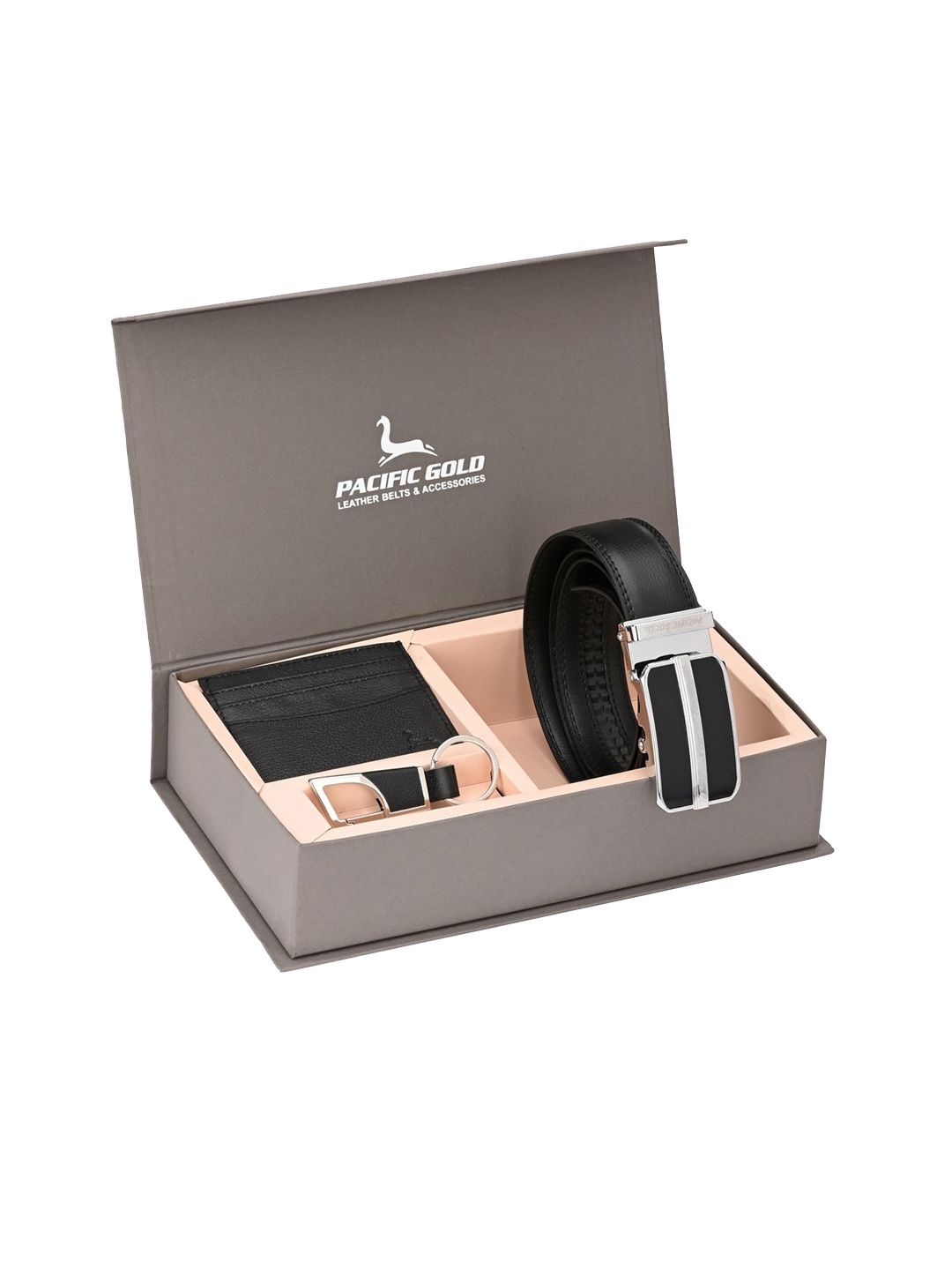 

Pacific Gold Men Black & Silver-Toned Genuine Leather Accessory Gift Set