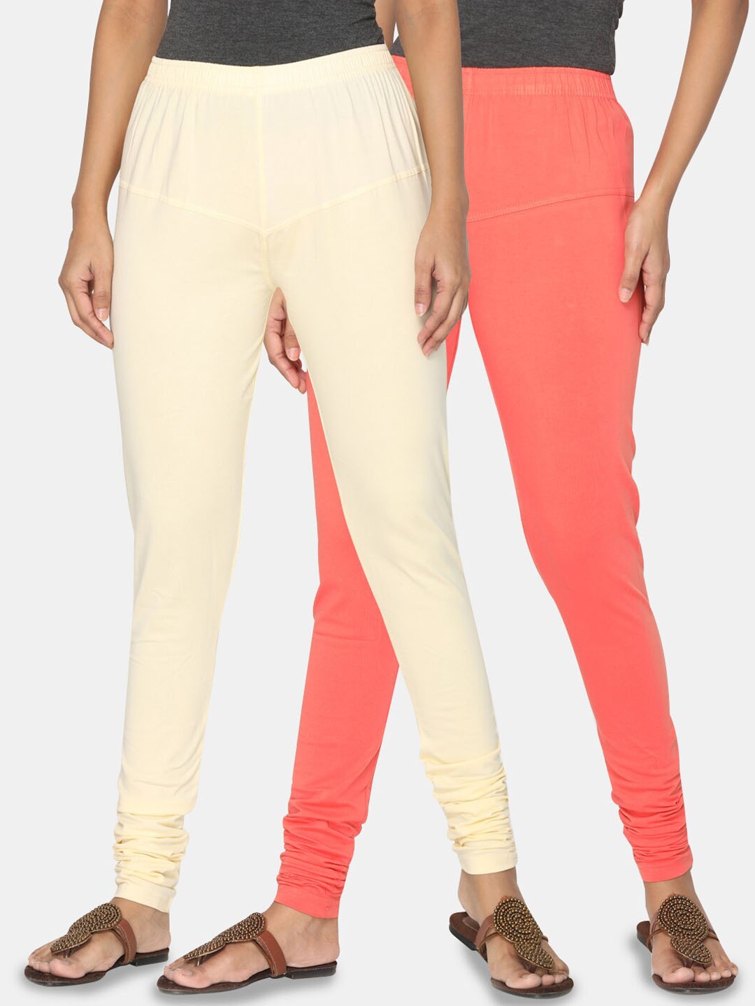 

TSG Bliss Women Pack Of 2 Solid Churidar-Length Leggings, Cream