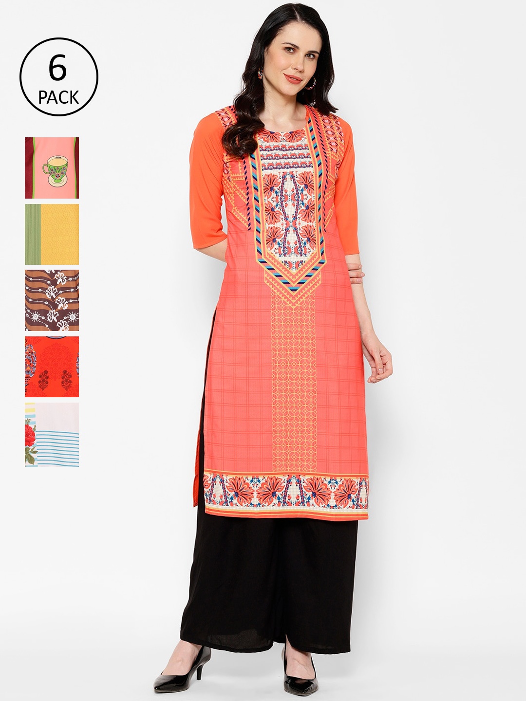 

7Threads Women Set Of 6 Multicoloured Woven Design Straight Kurta, Multi