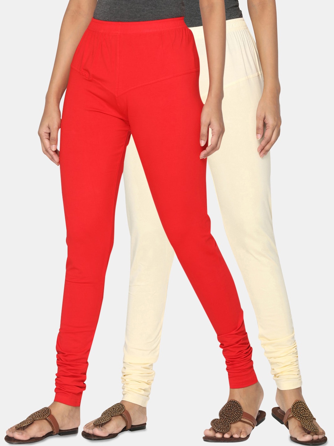 

TSG Bliss Women Pack Of 2 Solid Churidar Leggings, Red