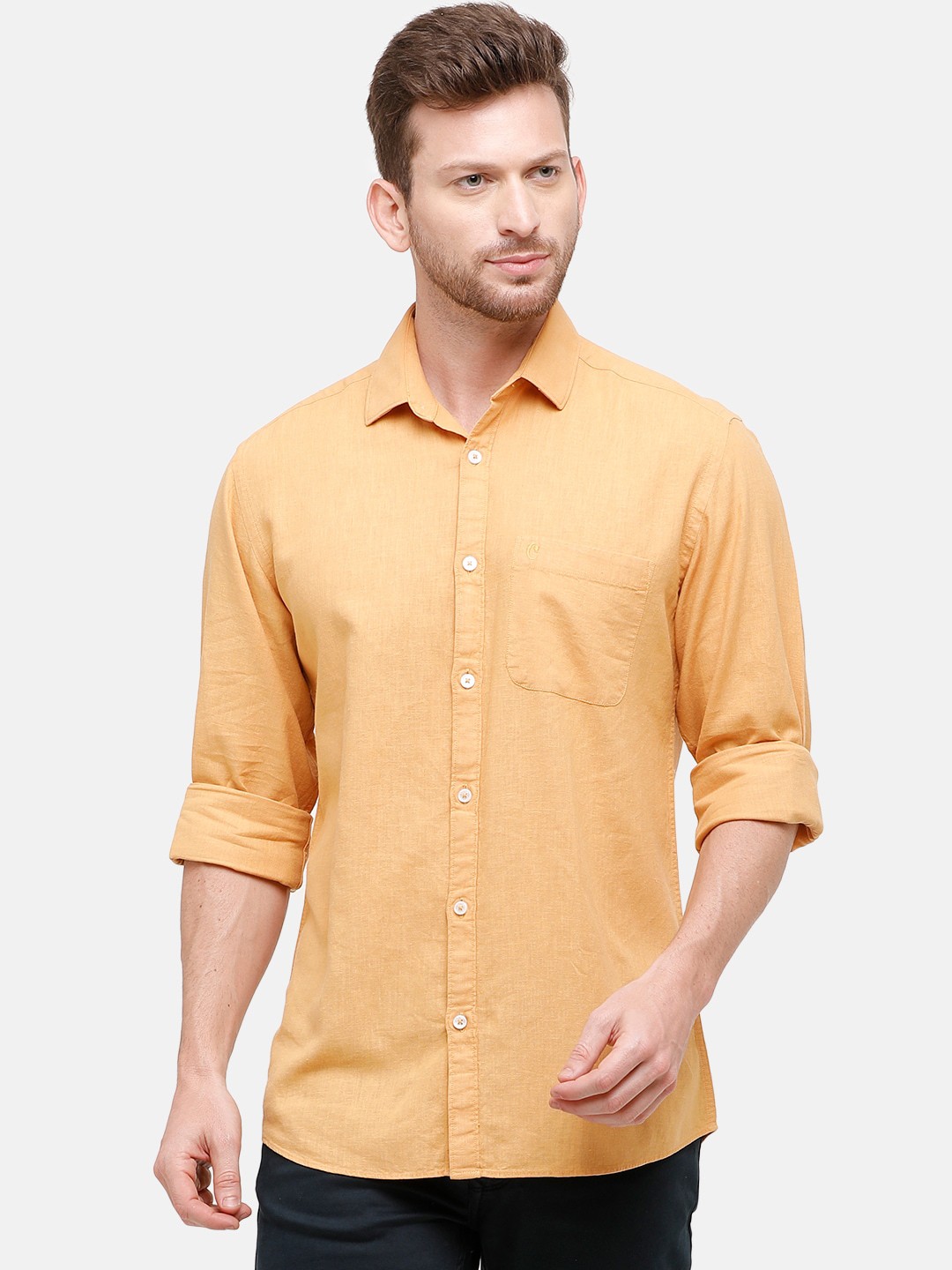 

CAVALLO by Linen Club Men Cotton Linen Orange Regular Fit Solid Casual Shirt