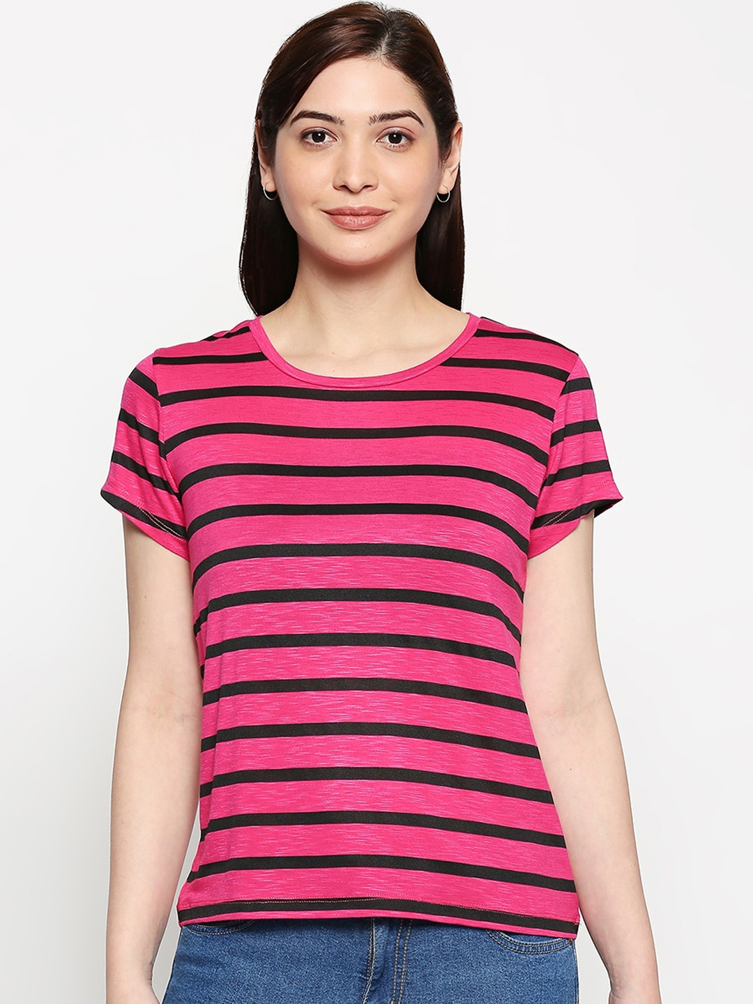 

inocenCia Women Fuchsia Striped Round Neck T-shirt