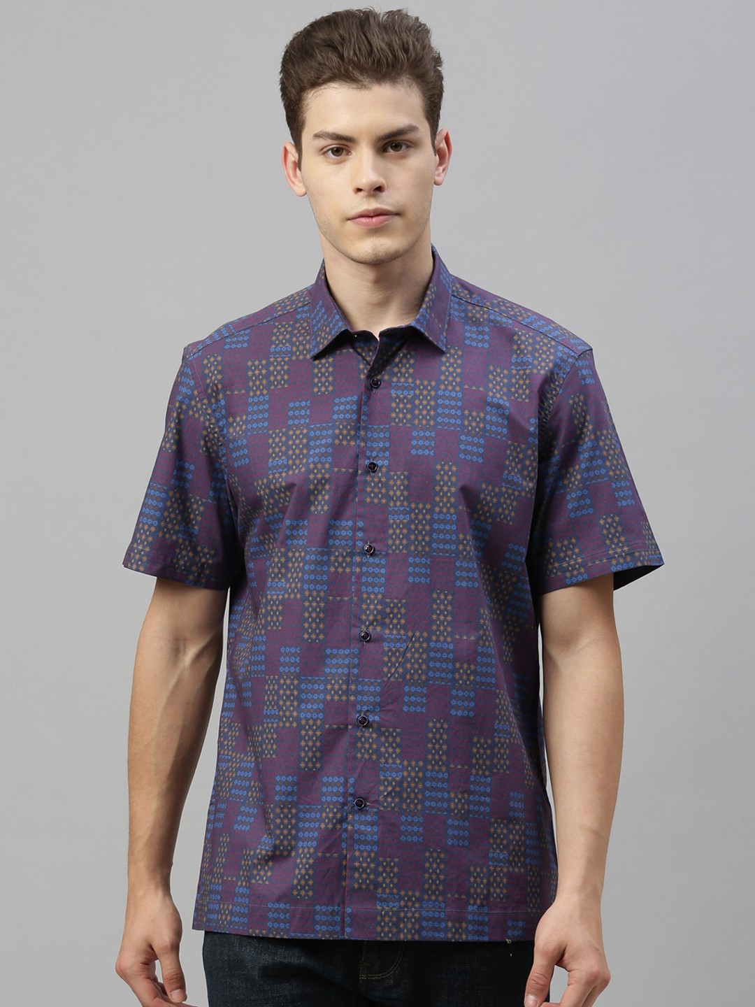 

RARE RABBIT Men Navy Blue Tailored Fit Checked Casual Shirt