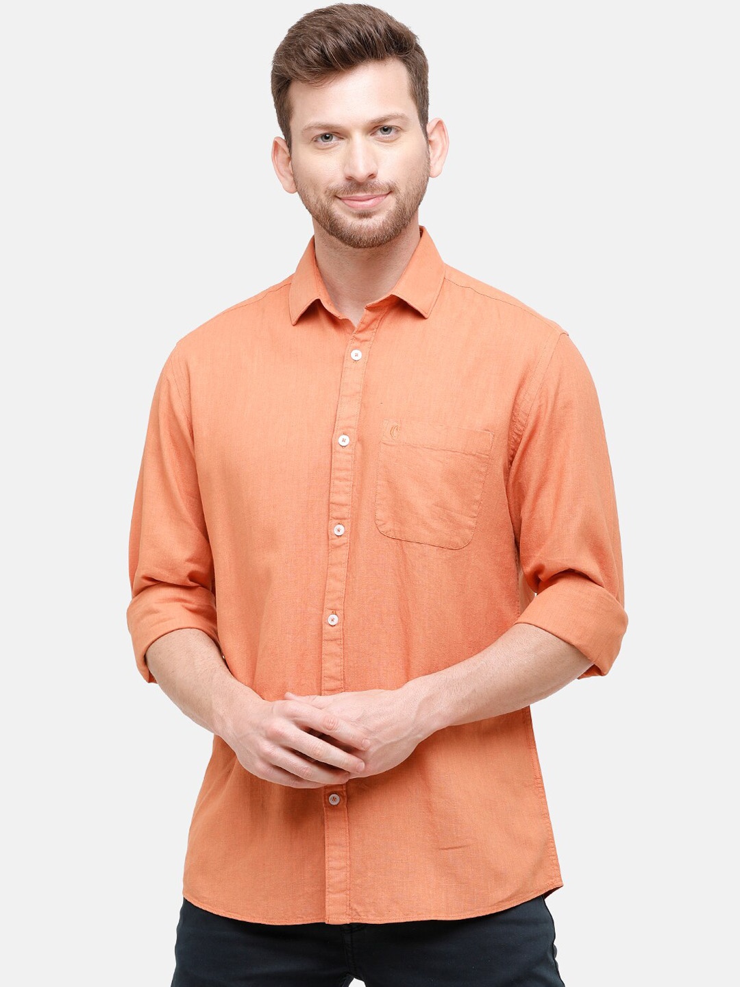 

CAVALLO by Linen Club Men Linen Cotton Coral Regular Fit Solid Casual Shirt