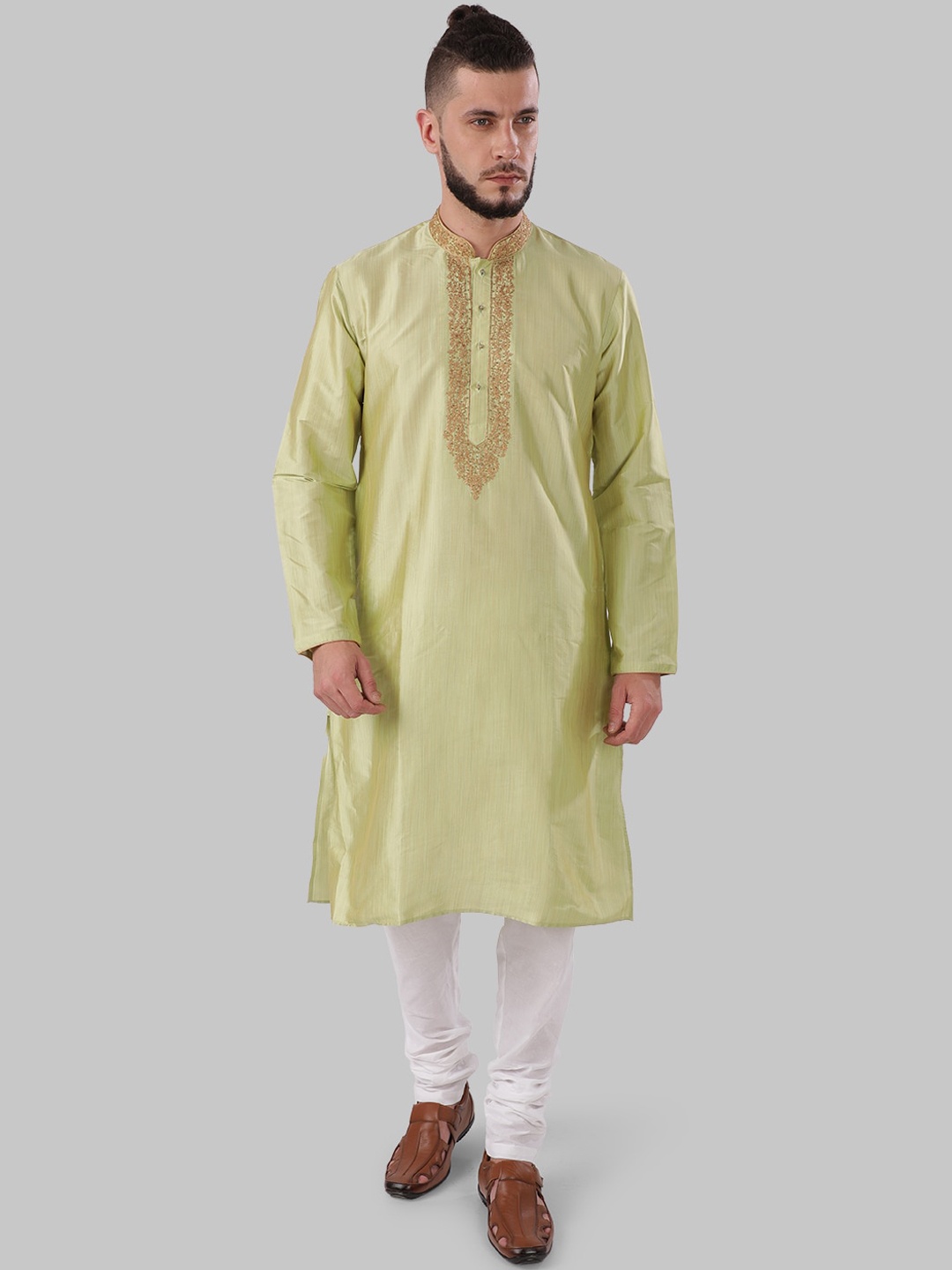 

Ethnix by Raymond Men Green Yoke Design Straight Kurta