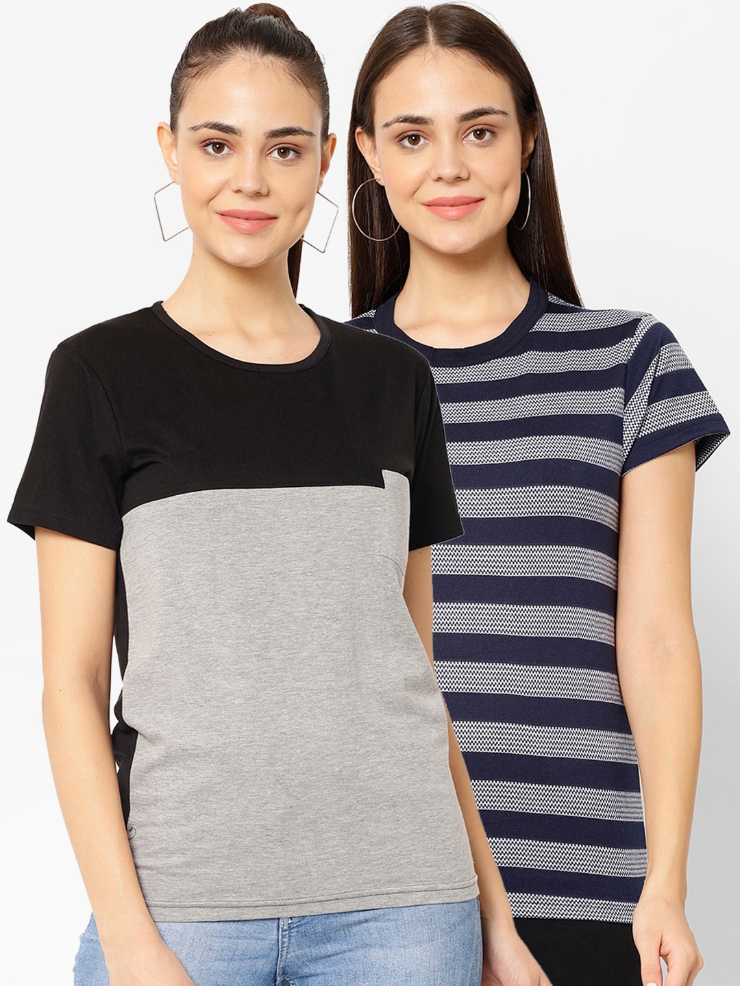 

VIMAL JONNEY Women Multicoloured Set of 2 Striped Round Neck T-shirt, Multi