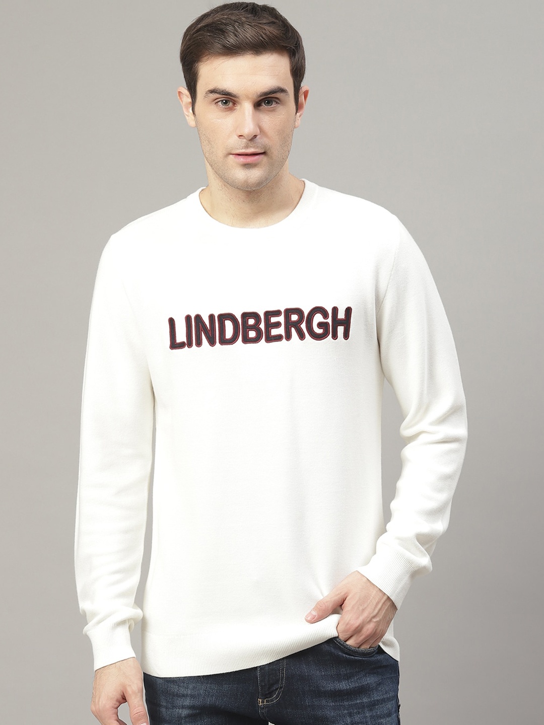 

LINDBERGH Men White Printed Knitted Pullover