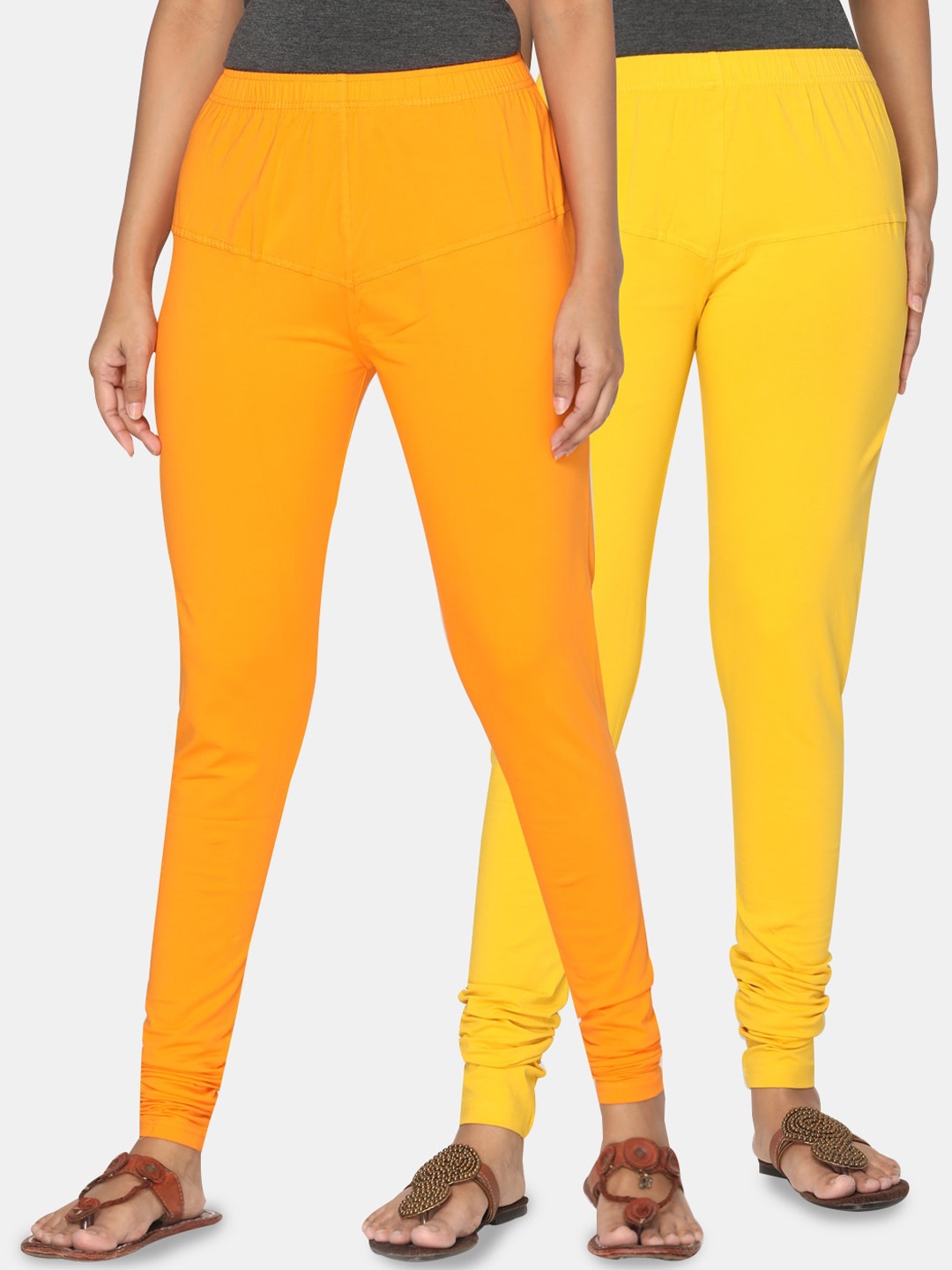 

TSG Bliss Women Pack of 2 Solid Churidar Leggings, Orange
