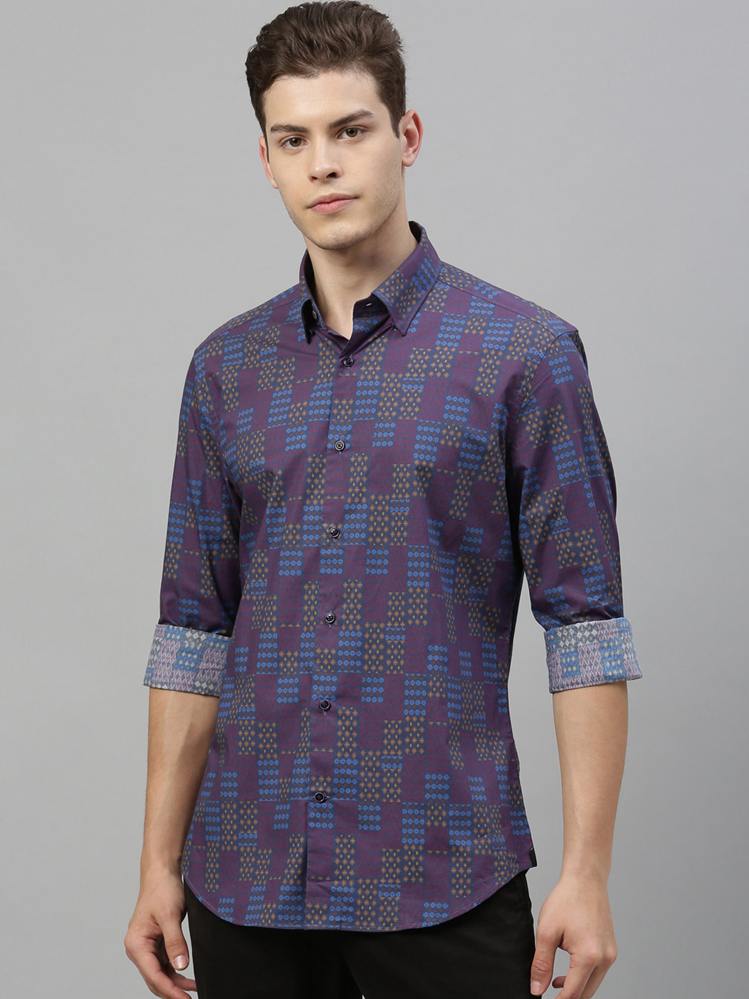 

RARE RABBIT Men Blue & Purple Tailored Fit Checked Casual Shirt