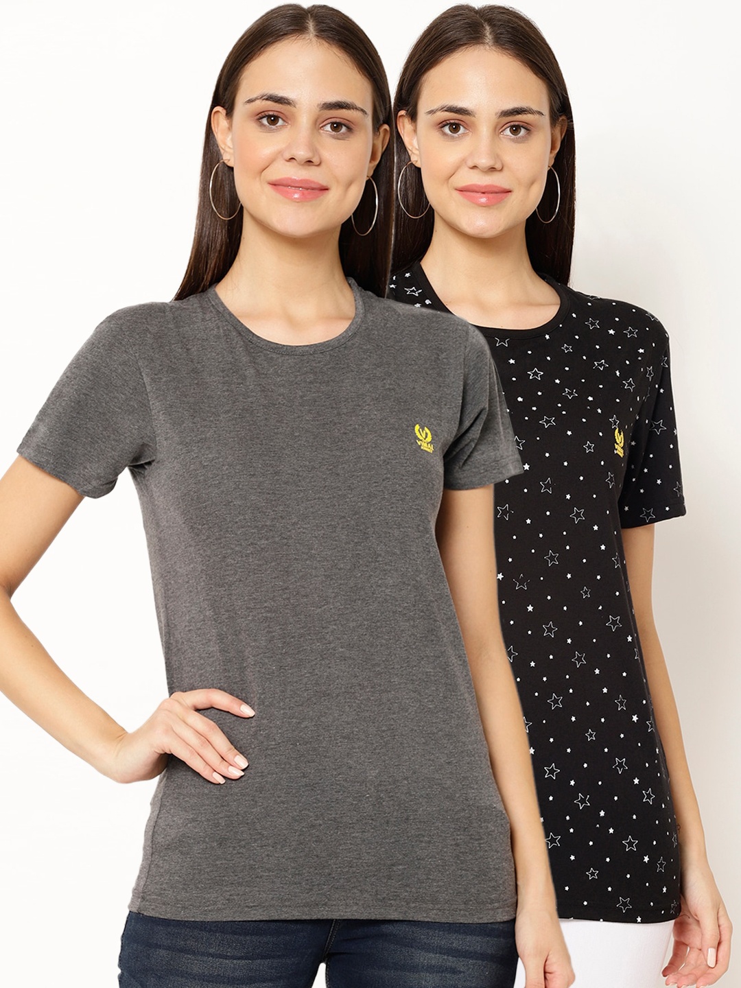 

MACK JONNEY Women Pack of 2 Round Neck T-shirts, Black