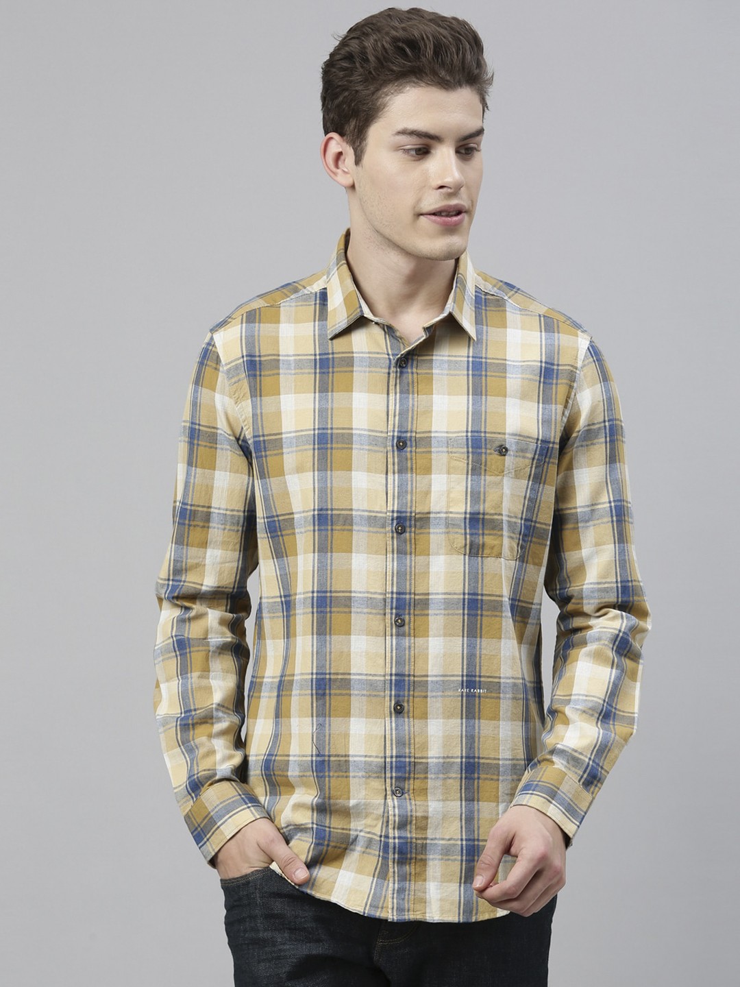 

RARE RABBIT Men Yellow & Grey Tailored Fit Checked Casual Shirt
