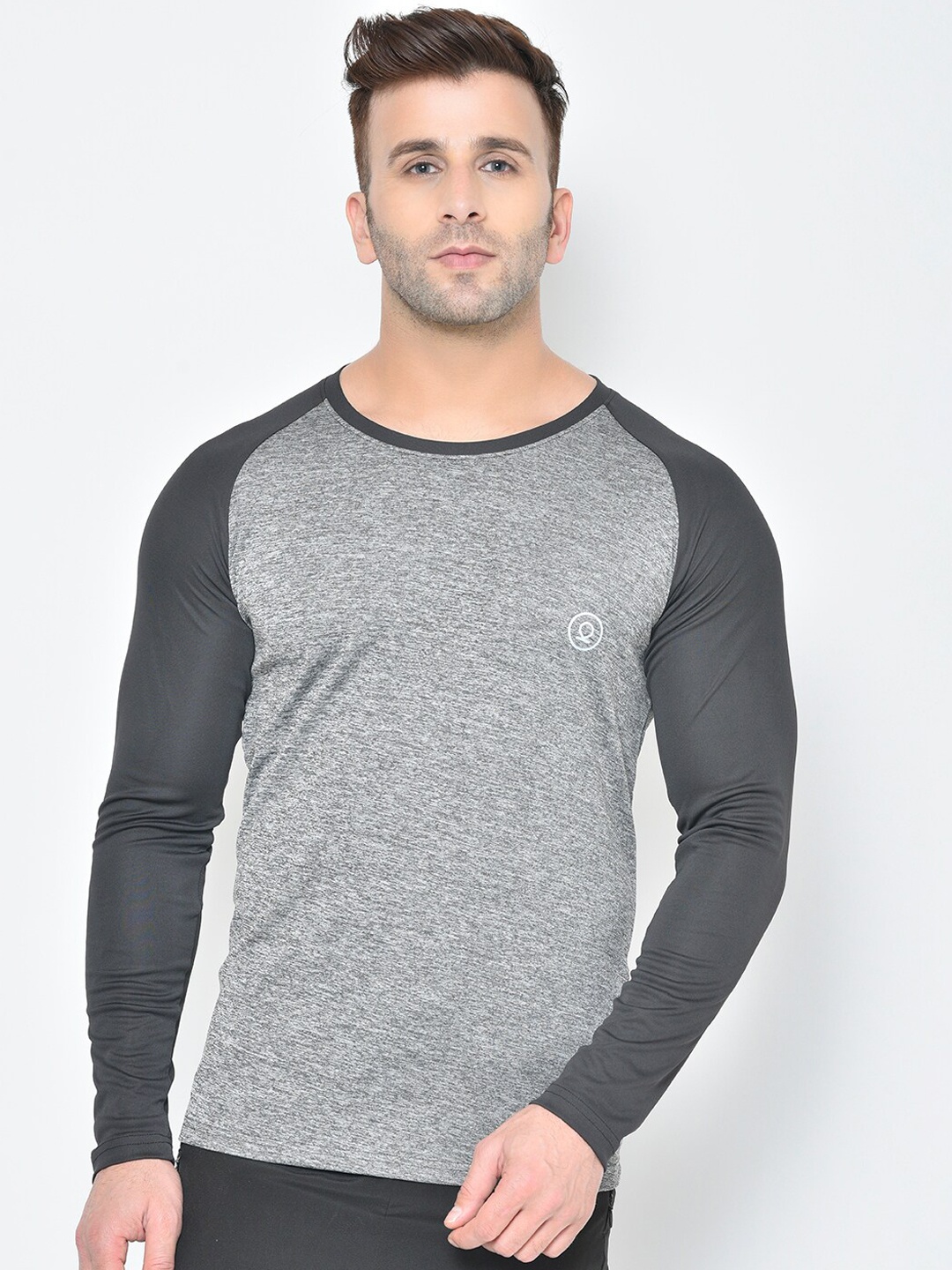 Chkokko Men Grey Colourblocked Round Neck Gym T -Shirt