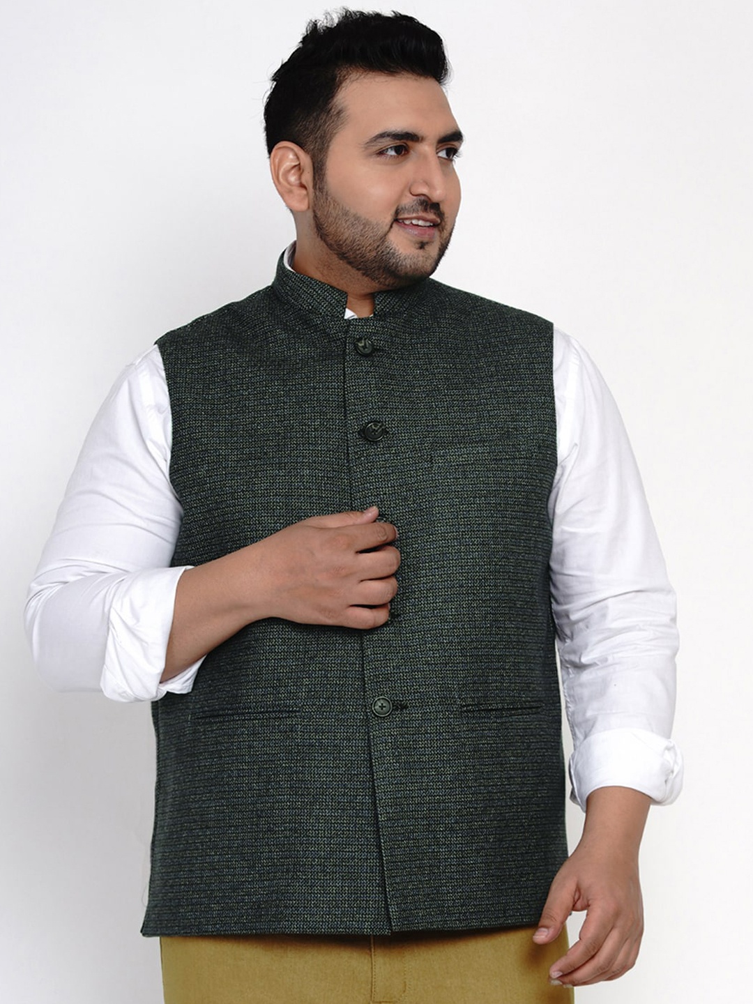 John Pride Men Green Woven Design Nehru Jacket