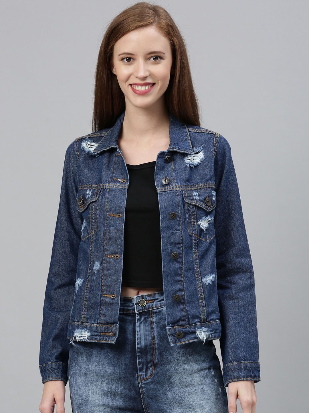

ZHEIA Women Blue Solid Denim Jacket