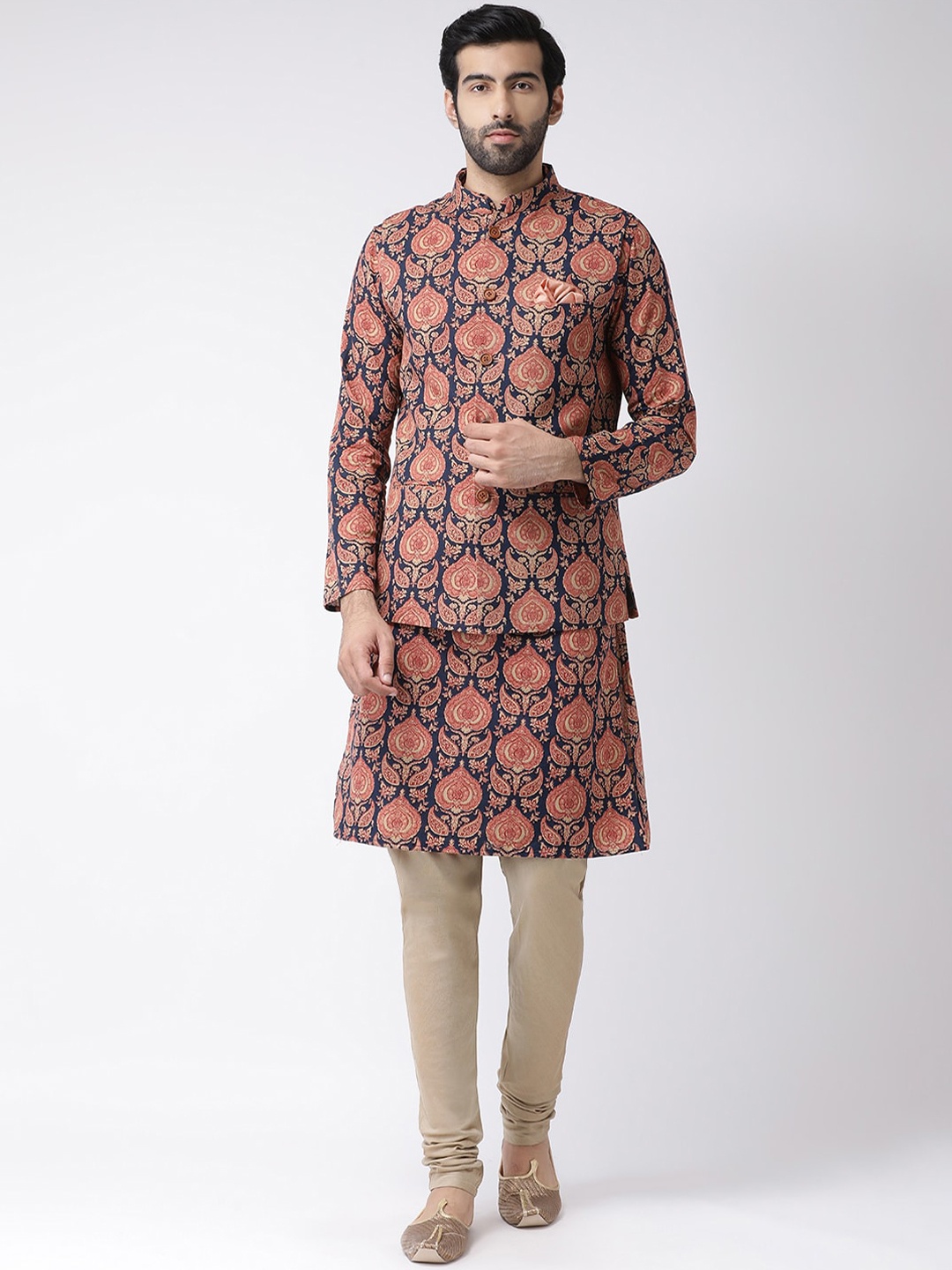 

Vartah Men Navy Blue & Beige Woven Design Kurta with Churidar & Nehru Jacket