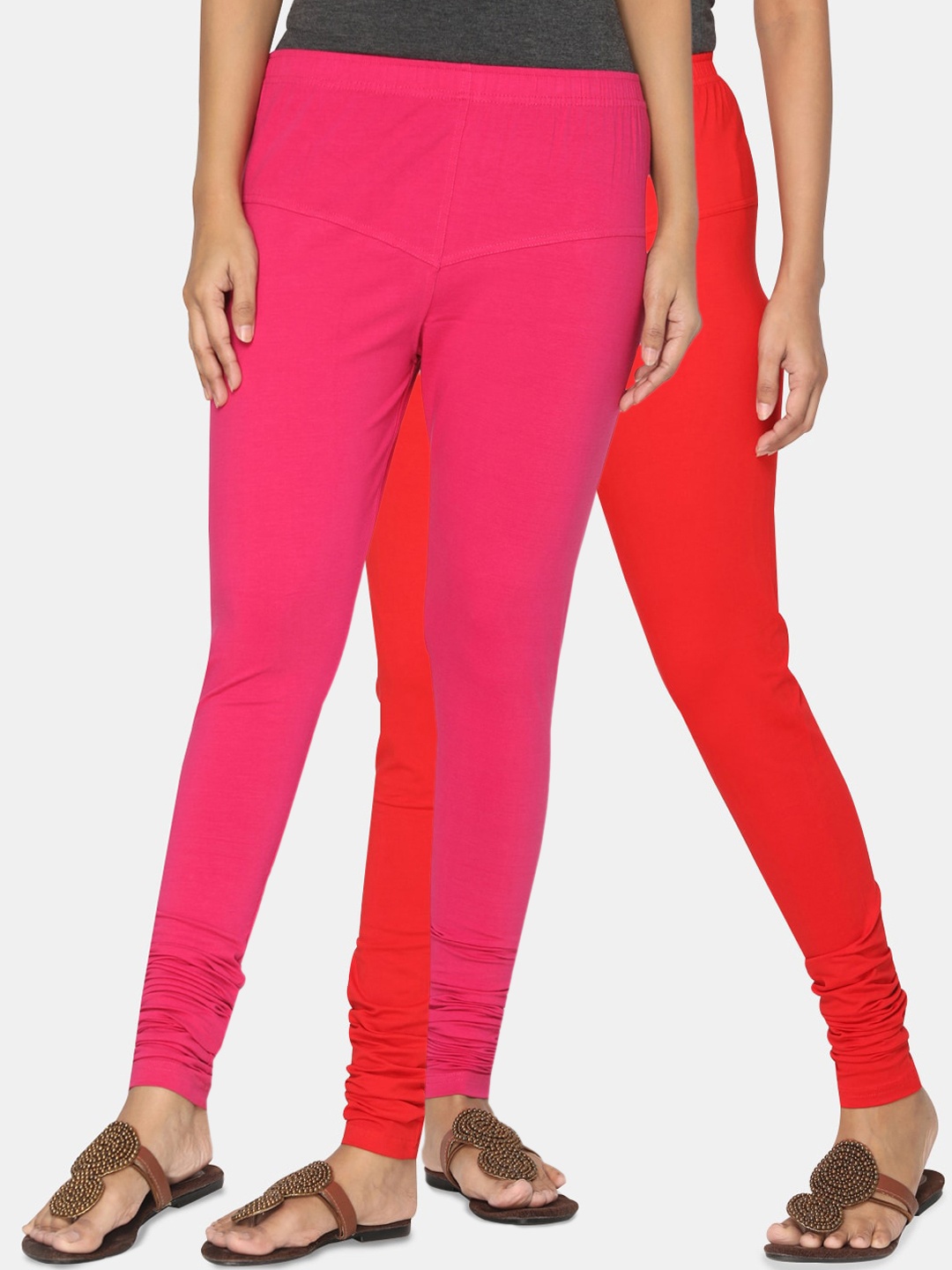 TSG Bliss Women Pack Of 2 Solid Straight-Fit Churidar-Length Leggings, Red