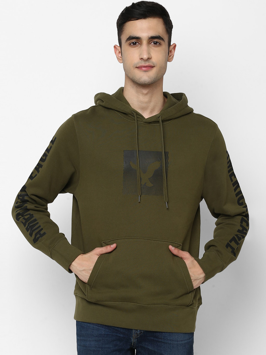 

AMERICAN EAGLE OUTFITTERS Men Olive Green Printed Hooded Sweatshirt