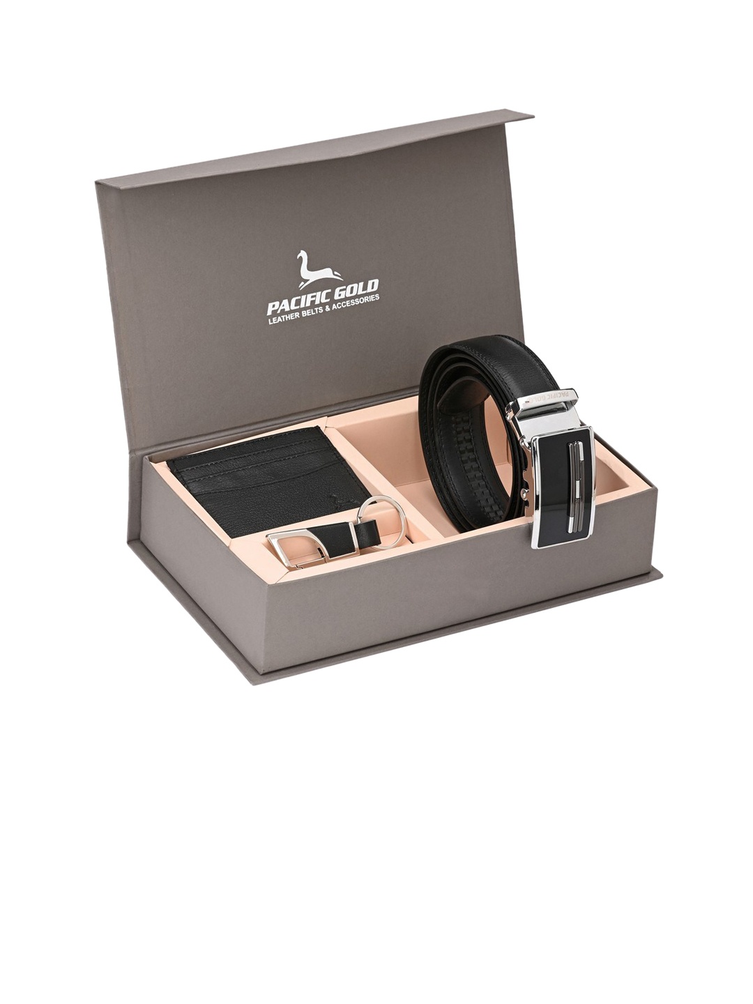 

Pacific Gold Men Black & Silver-Toned Genuine Leather Accessory Gift Set