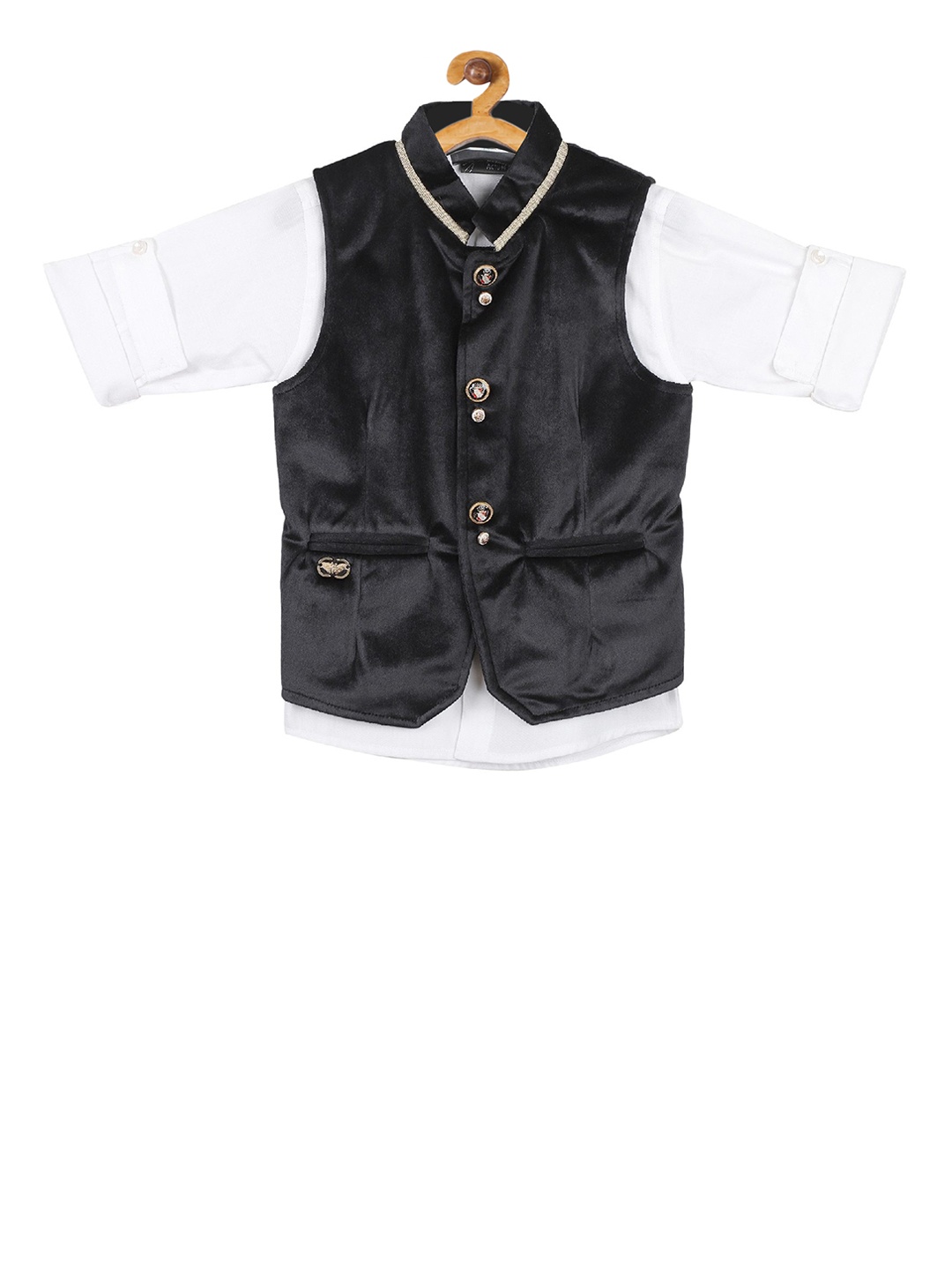 

Actuel Boys Black & White Solid Cotton Waistcoat with Shirt