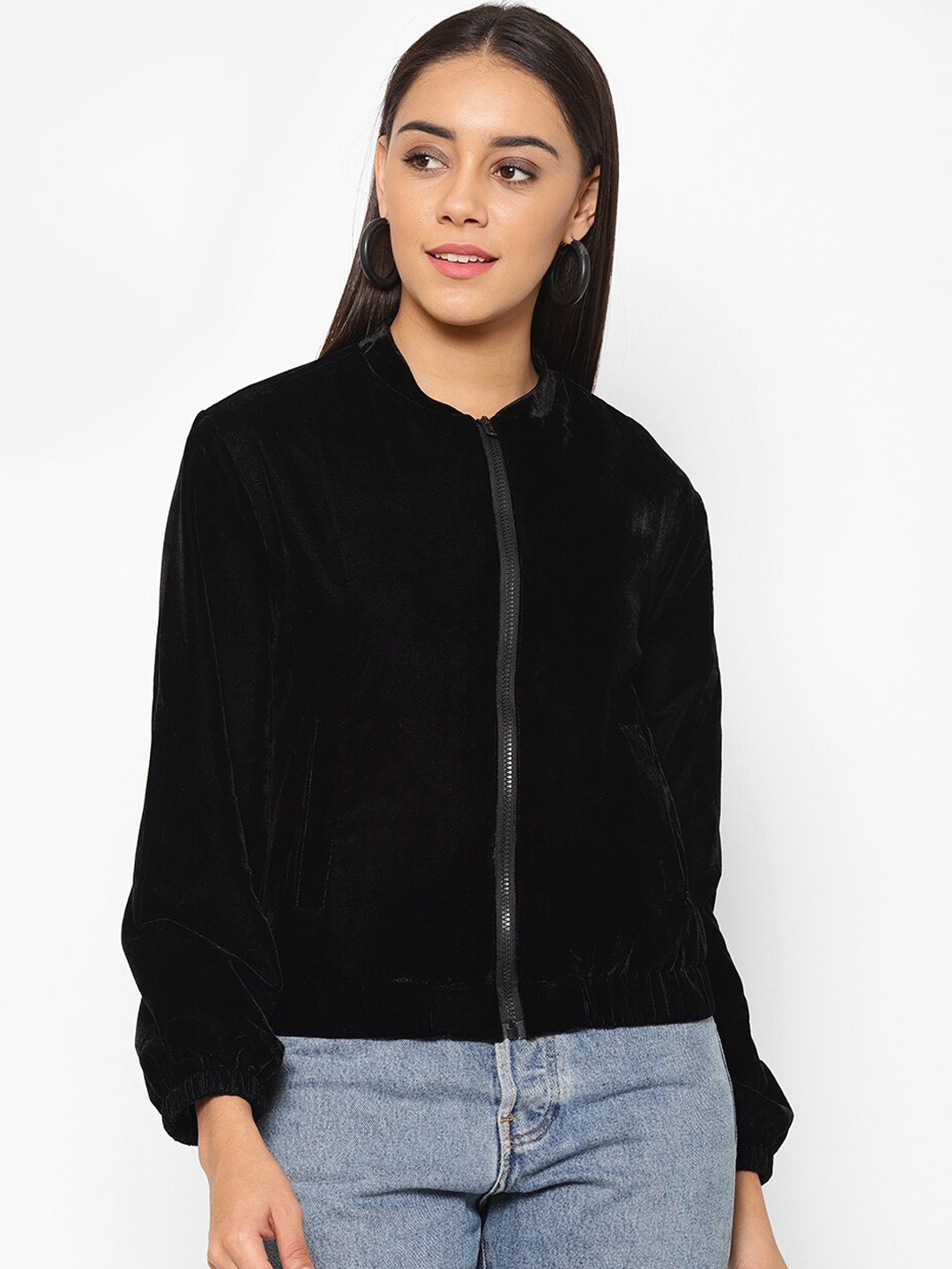 

HOUSE OF KKARMA Women Black Solid Velvet Bomber
