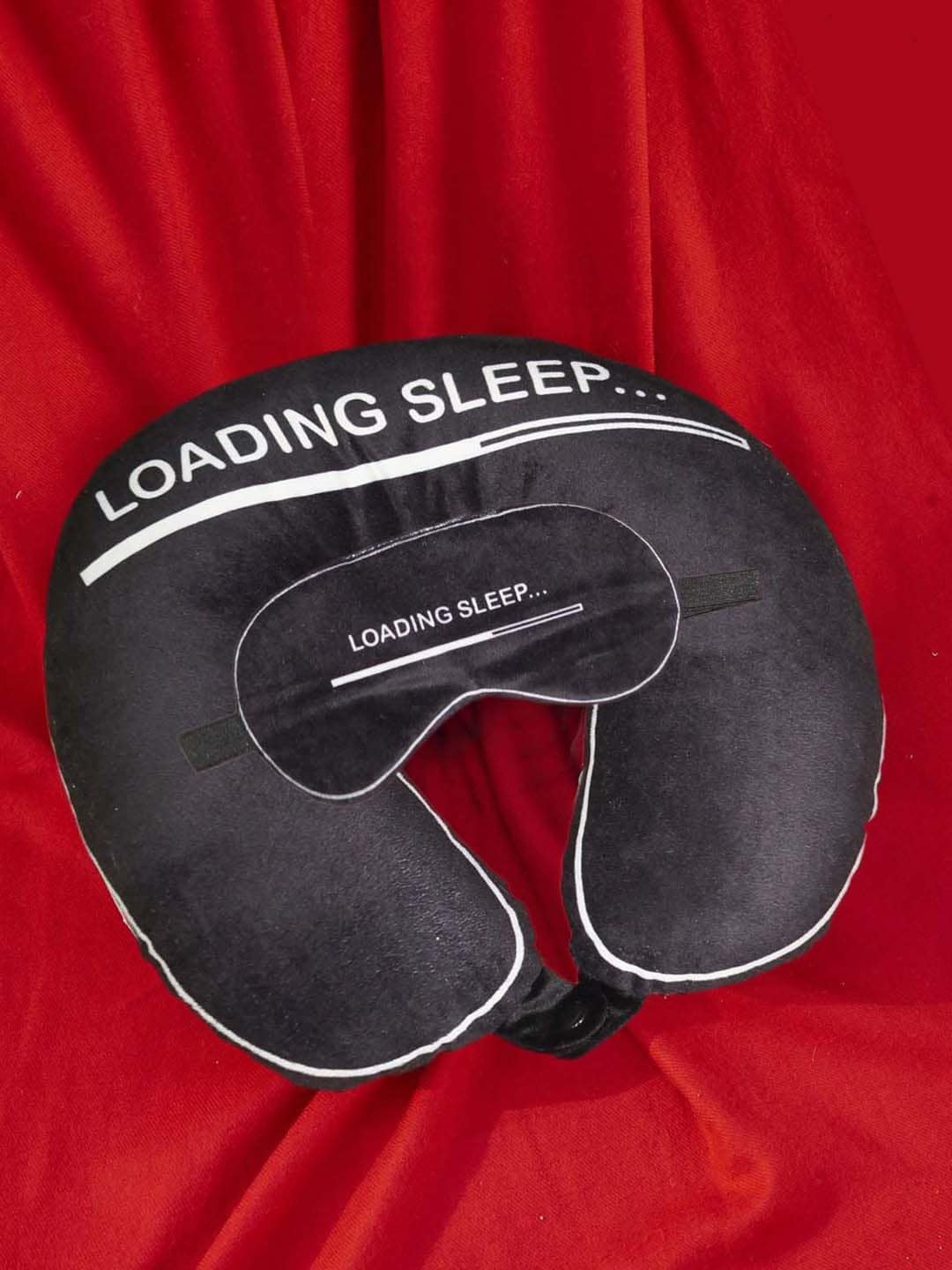 

Lushomes Black Printed Smooth Velvet Neck Travel Pillow With Eye Mask