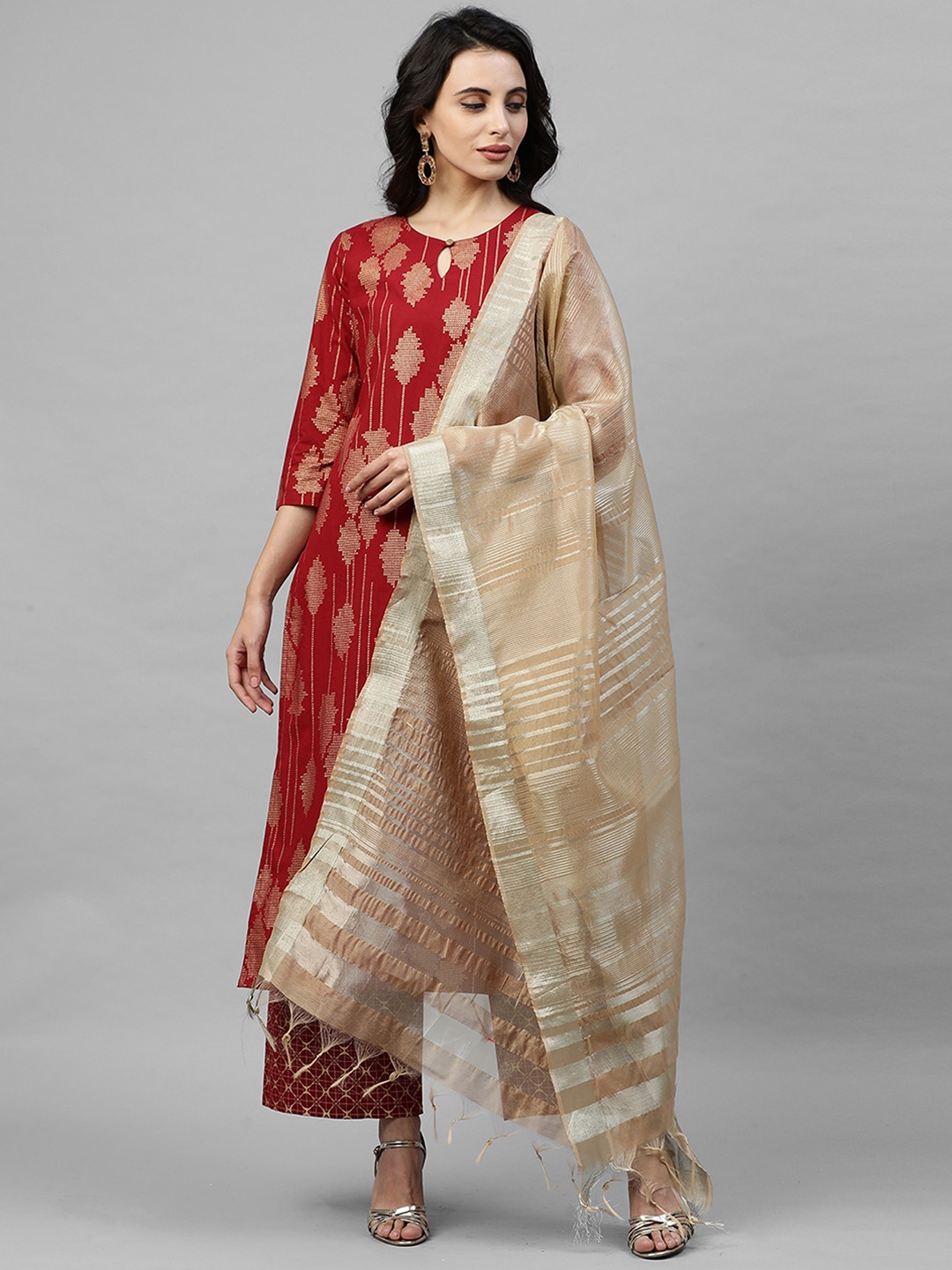 

Indo Era Women Red & Cream-Coloured Solid Kurta with Palazzos & Dupatta