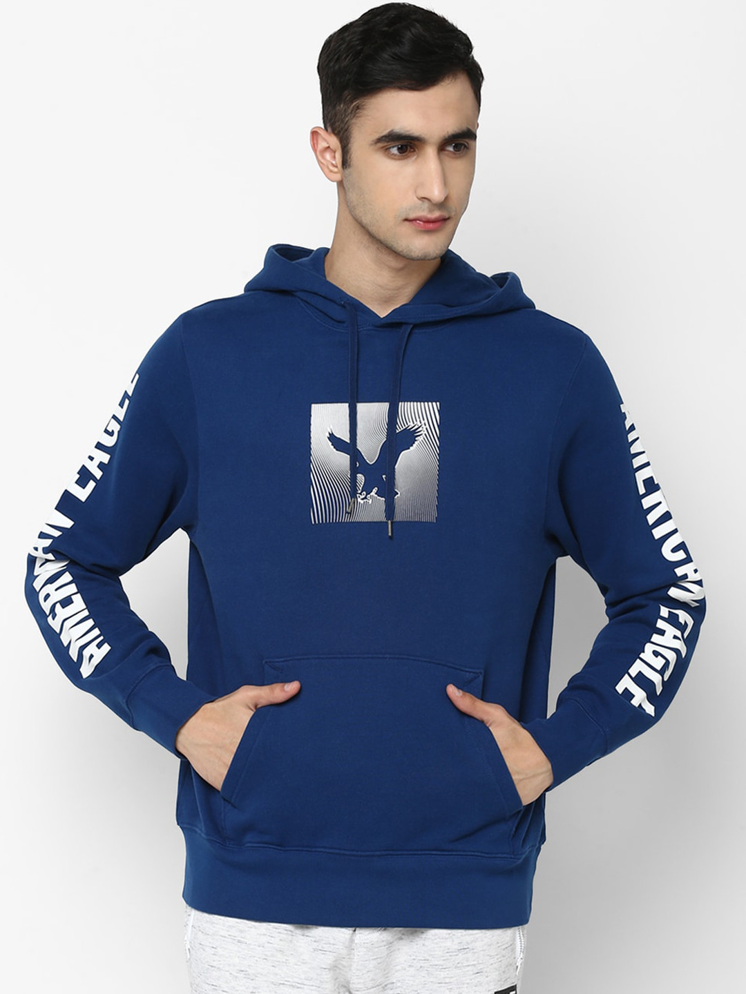 

AMERICAN EAGLE OUTFITTERS Men Blue Printed Hooded Sweatshirt