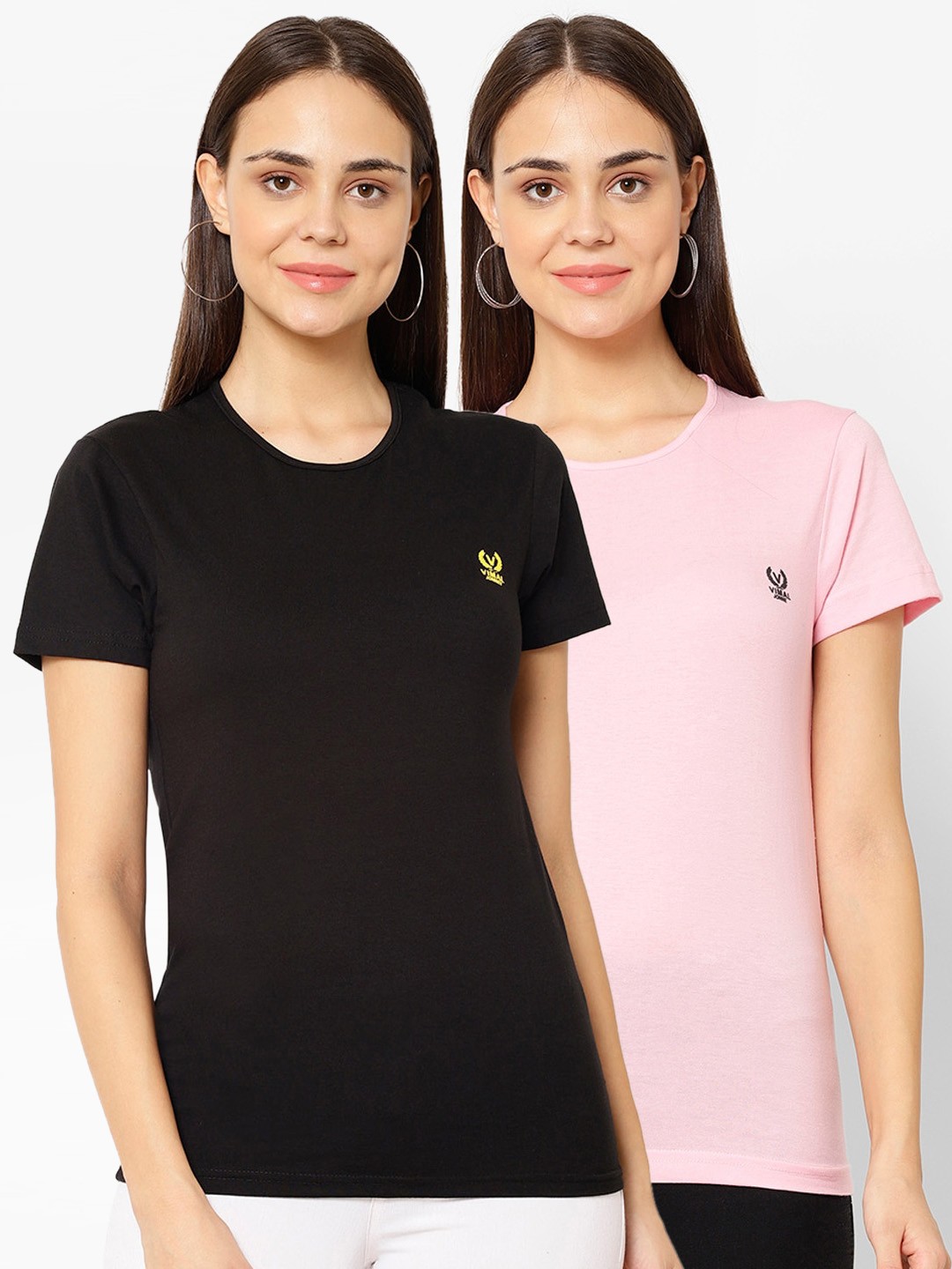 

VIMAL JONNEY Women Pack of 2 Solid T-shirts, Black