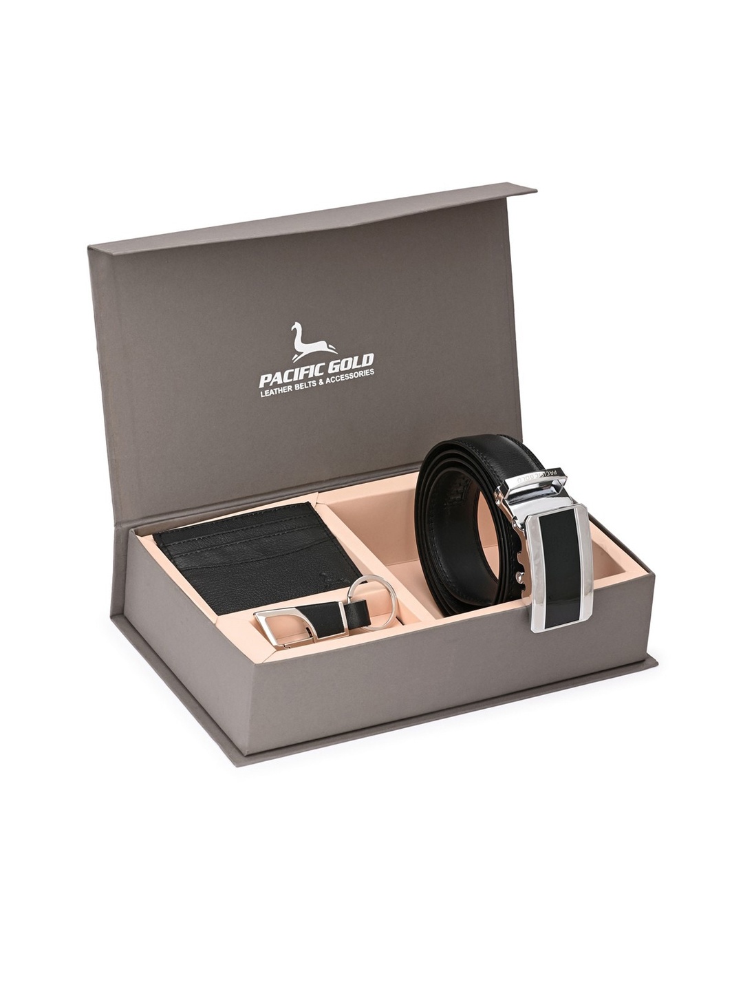 

Pacific Gold Men Black & Silver-Toned Genuine Leather Accessory Gift Set