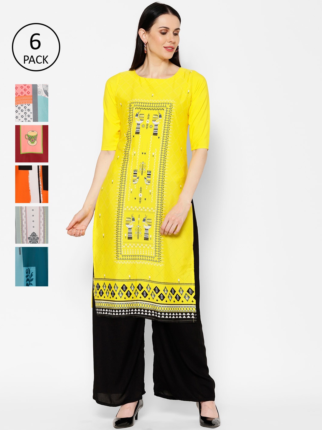 

7Threads Women Multicoloured Pack of 6 Printed Straight Kurta, Multi