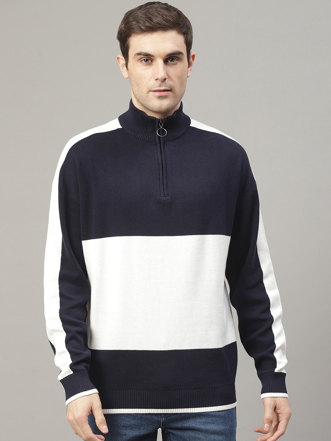 

LINDBERGH Men Navy Blue & White Colourblocked Knitted Pullover