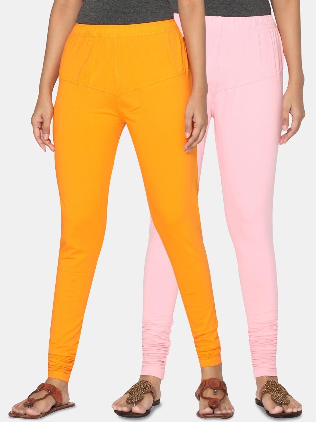 

TSG Bliss Women Pack of 2 Solid Churidar Leggings, Orange