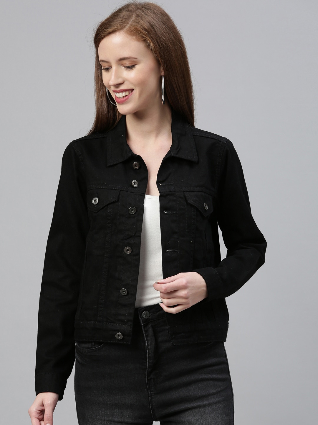 

ZHEIA Women Black Solid Denim Jacket