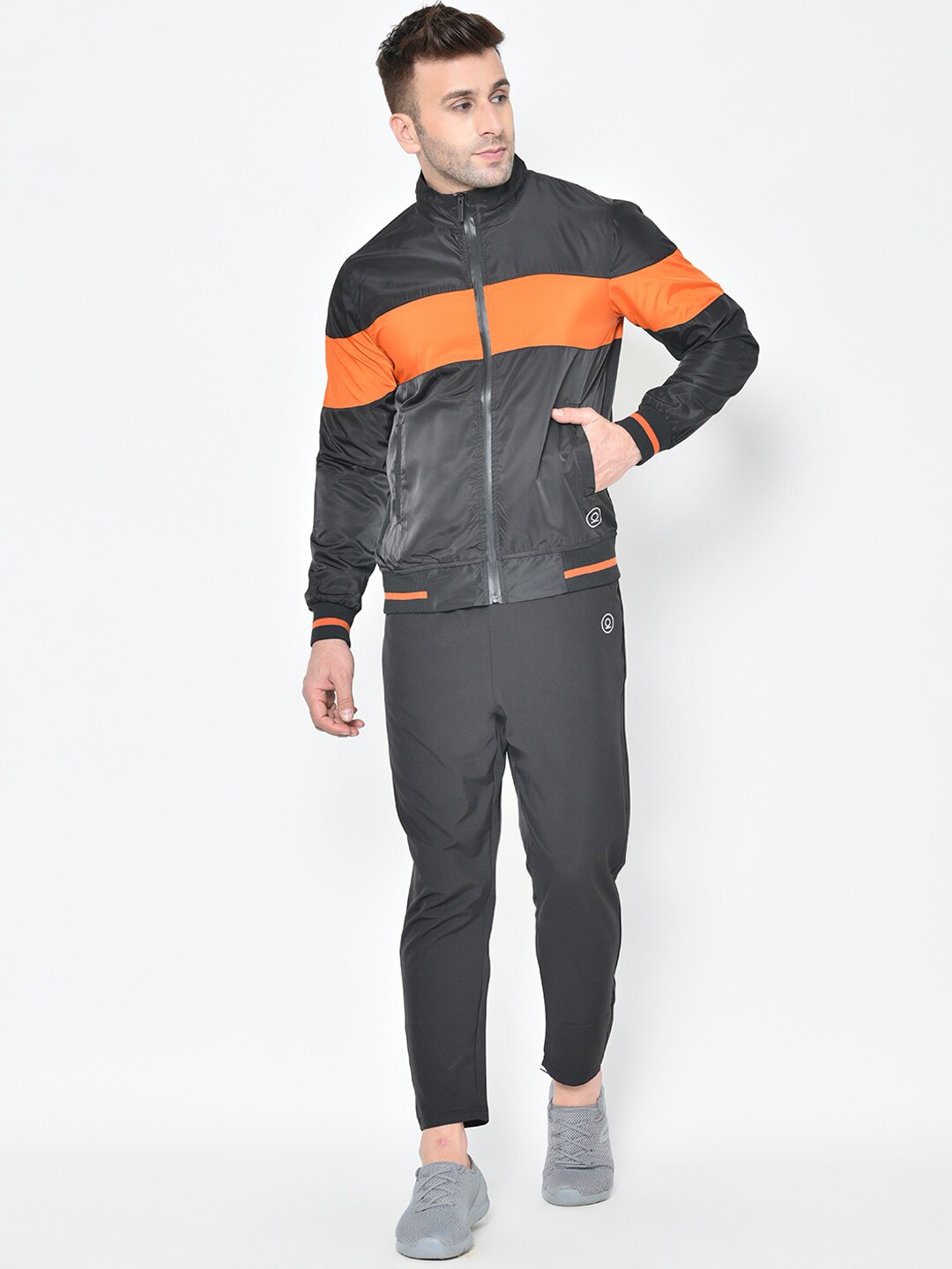 

CHKOKKO Men Black & Orange Colourblocked Tracksuit