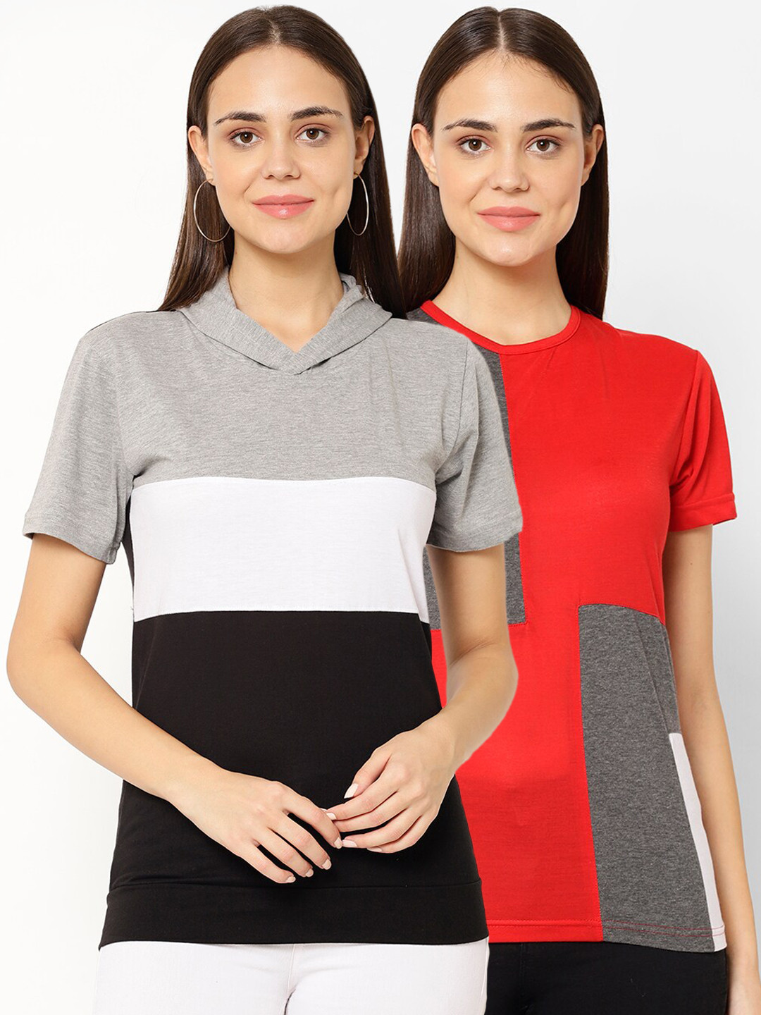 

VIMAL JONNEY Women Multicoloured Set of 2 Colourblocked Round Neck T-shirt, Multi