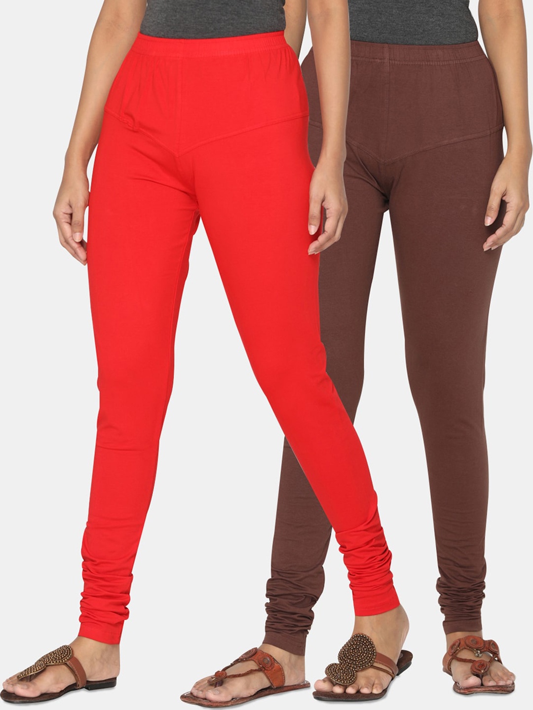 

TSG Bliss Women Pack of 2 Solid Churidar Leggings, Red