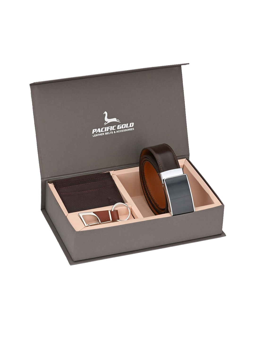 

Pacific Gold Men Brown & Silver-Toned Genuine Leather Accessory Gift Set