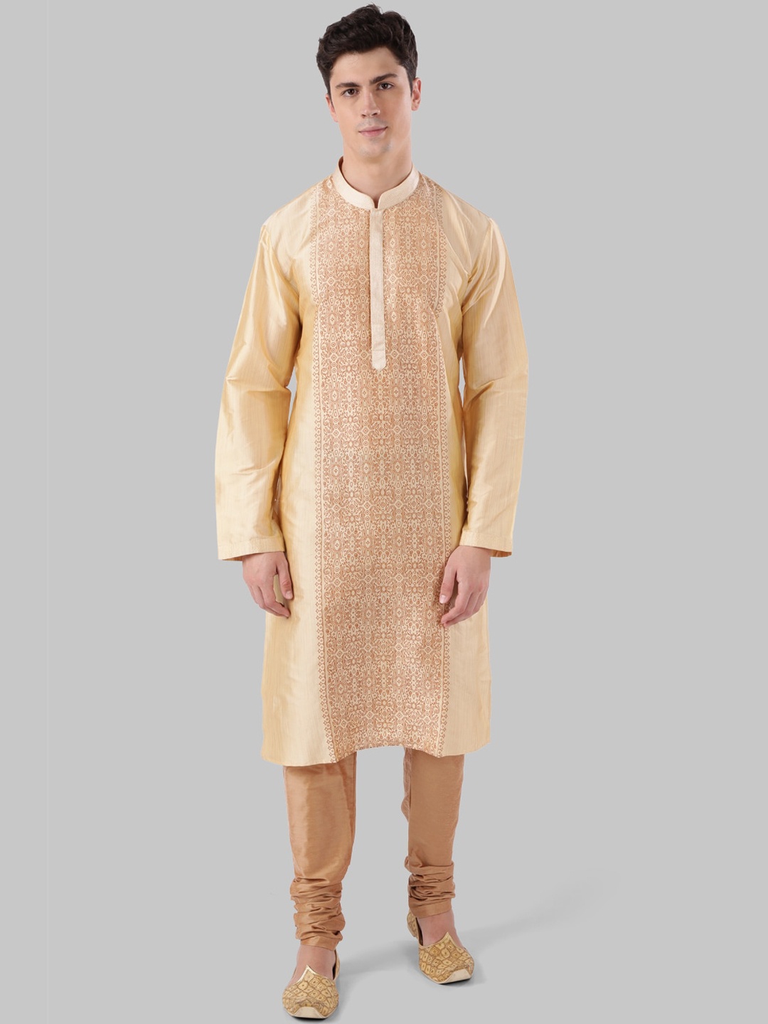 

Ethnix by Raymond Men Gold-Toned & Maroon Yoke Design Straight Kurta