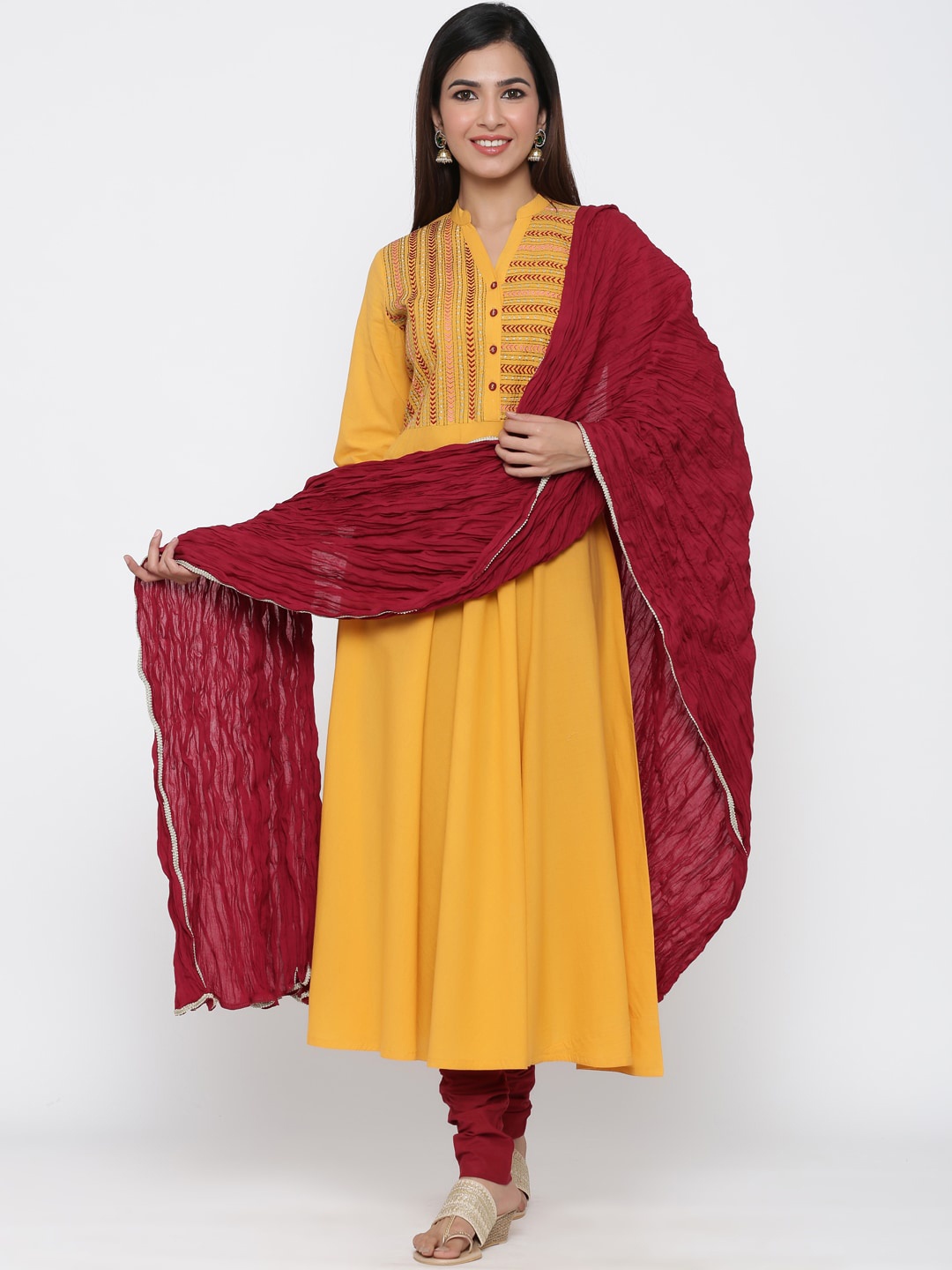 

Jaipur Kurti Women Mustard Yellow & Red Solid Kurta with Churidar & Dupatta