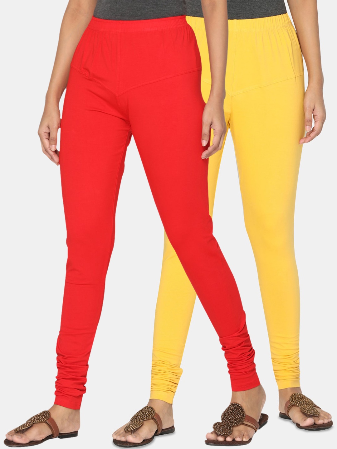 

TSG Bliss Women Pack of 2 Solid Churidar Leggings, Red