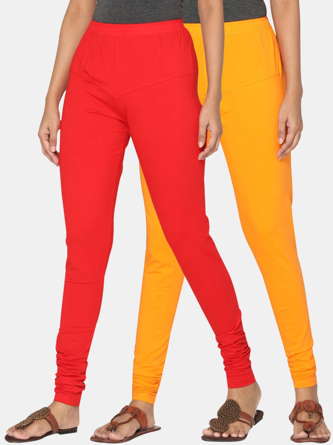 

TSG Bliss Women Pack of 2 Solid Churidar Leggings, Red