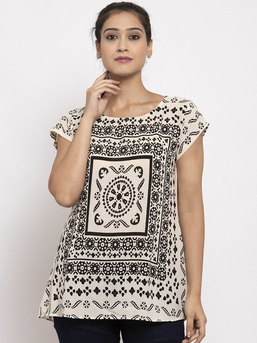 

Just Wow Women Beige & Black Printed Regular Top