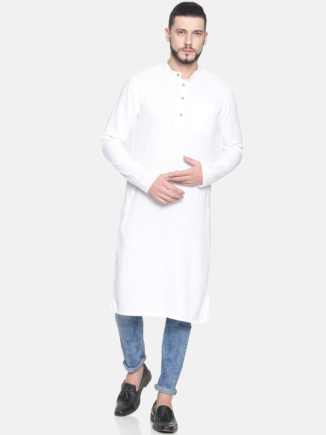 Ecentric Men White Solid Eco-Friendly Hemp Organic Cotton Straight Sustainable Kurta