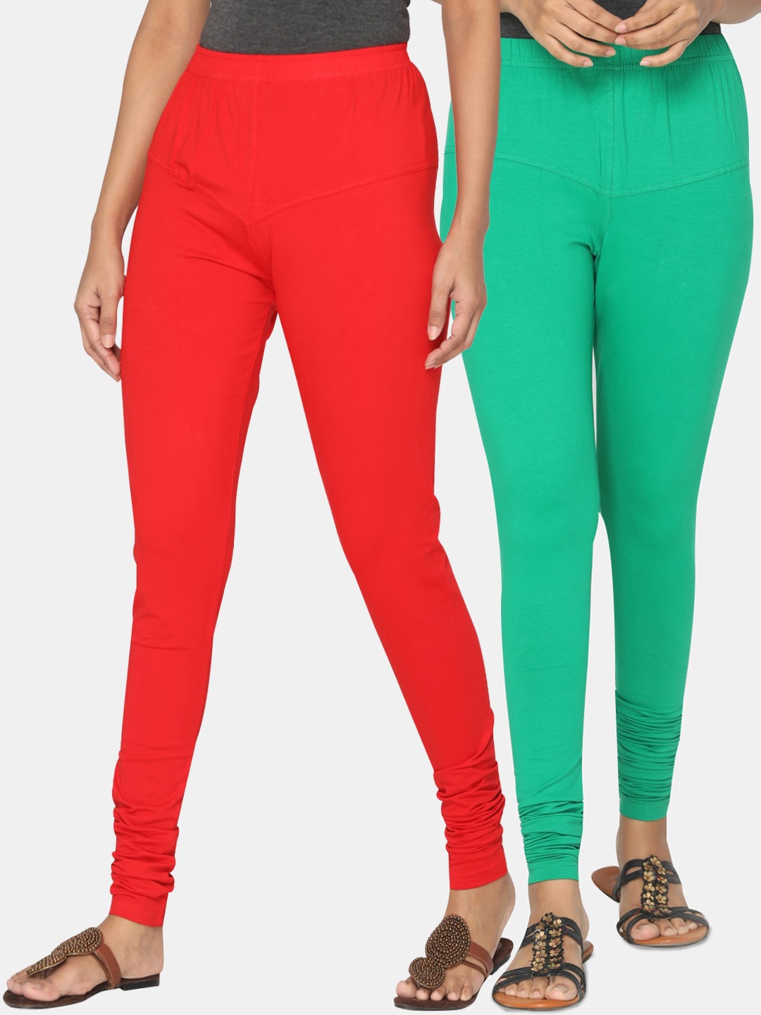 

TSG Bliss Women Pack of 2 Solid Churidar Leggings, Red
