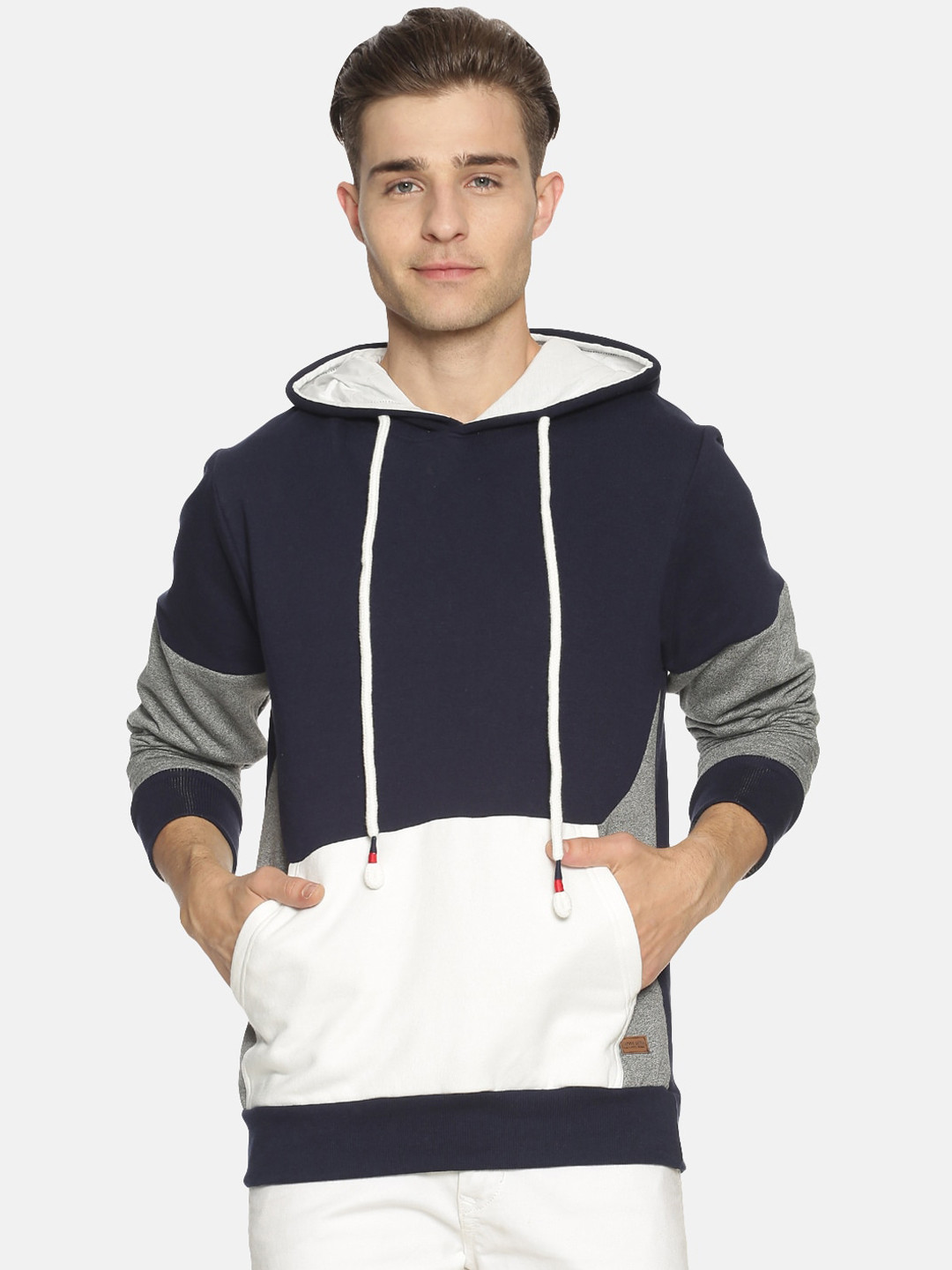 

Campus Sutra Men Navy Blue & White Colourblocked Hooded Sweatshirt