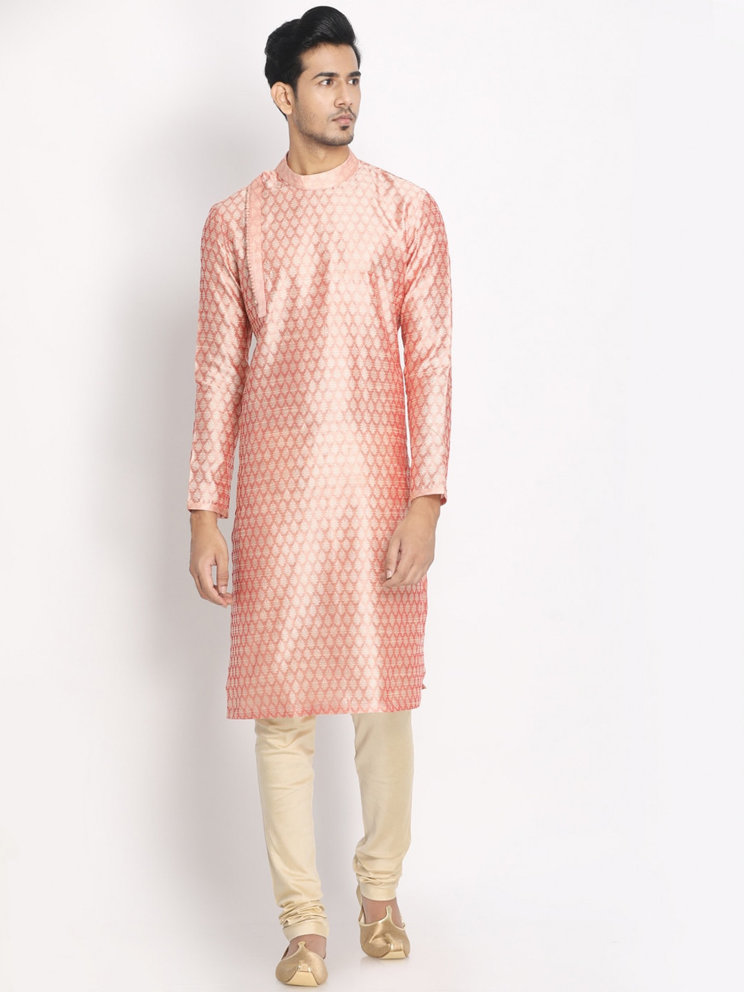 

Manyavar Men Pink & Gold-Toned Woven Design Kurta with Churidar