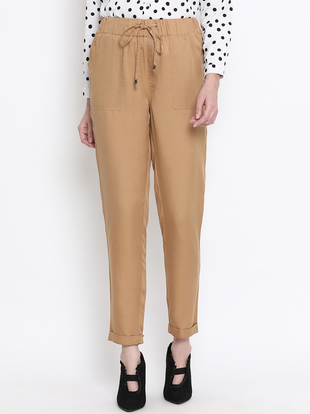 Oxolloxo Women Beige Regular Fit Solid Regular Trousers
