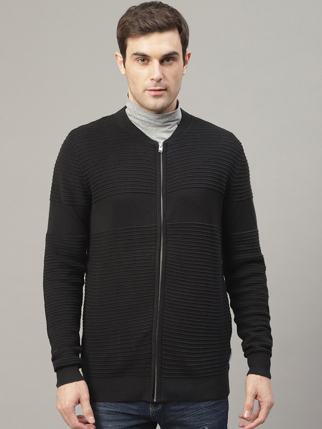 

LINDBERGH Men Black Self Design Knitted Front Open Sweater